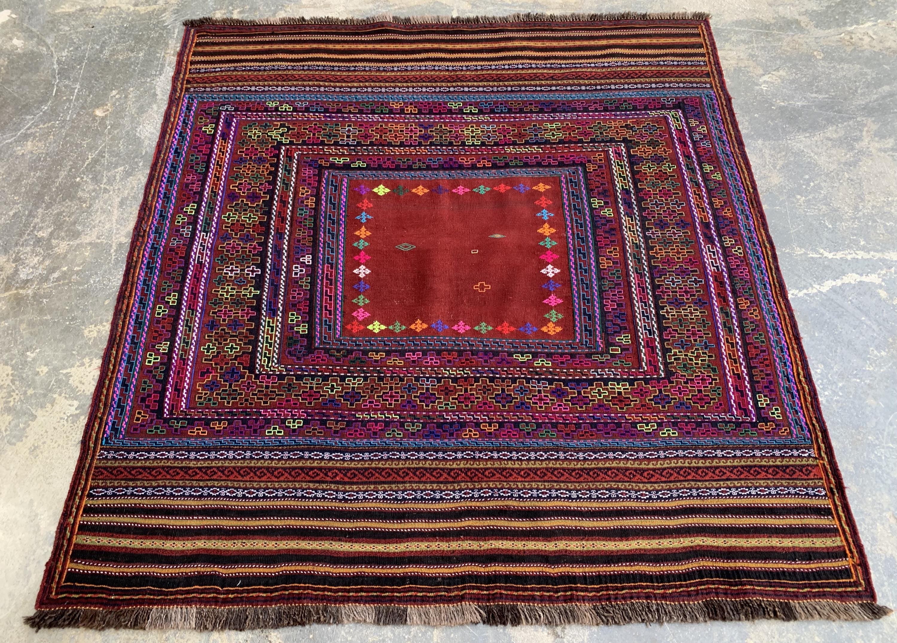 Afghan Vintage Kilim Rug 5x5ft, – Handwoven Wool Tribal Carpet, Boho Area Rug for Living Room, Bedroom, or Entryway, Rustic Home Decor