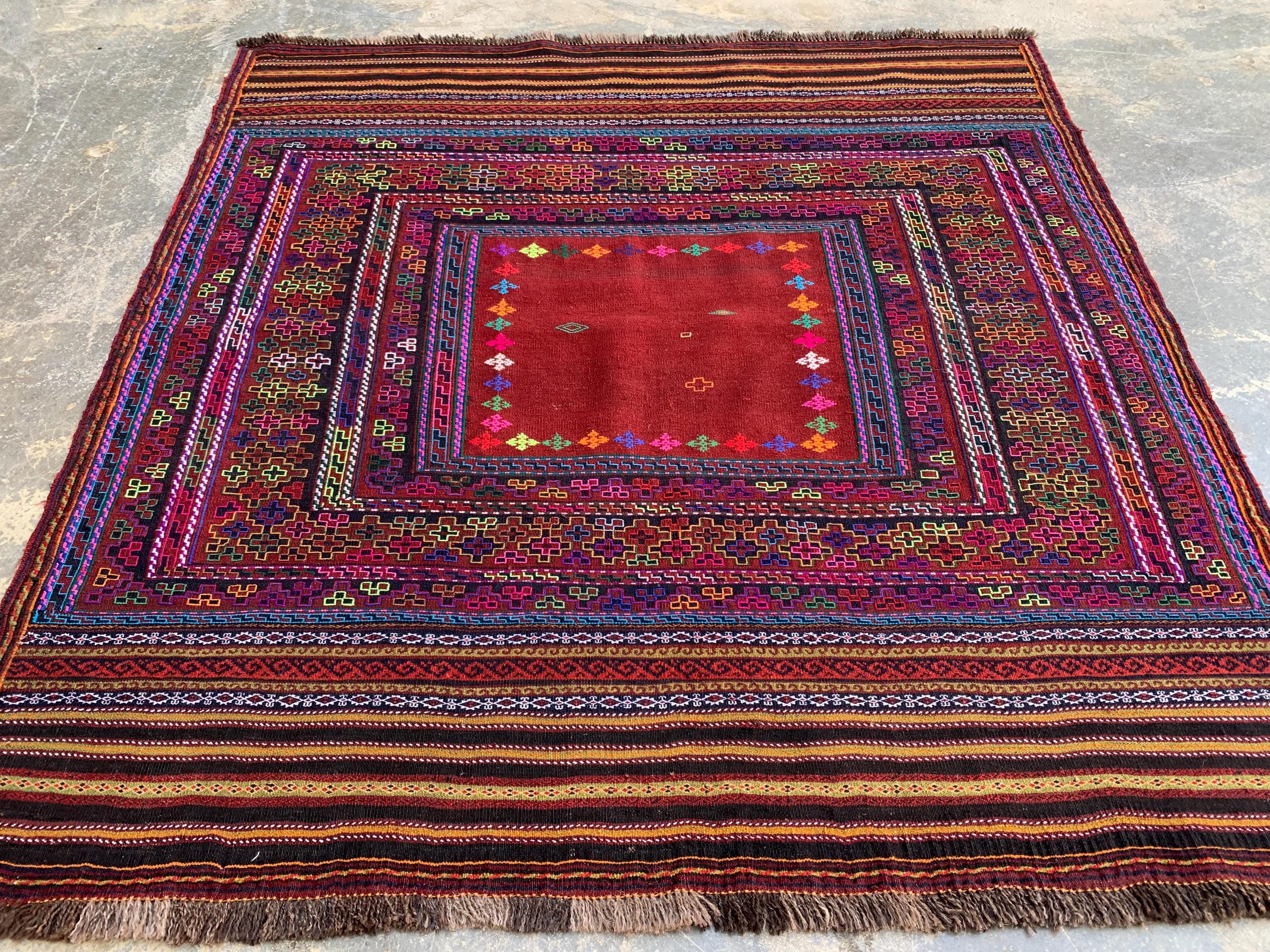 Afghan Vintage Kilim Rug 5x5ft, – Handwoven Wool Tribal Carpet, Boho Area Rug for Living Room, Bedroom, or Entryway, Rustic Home Decor