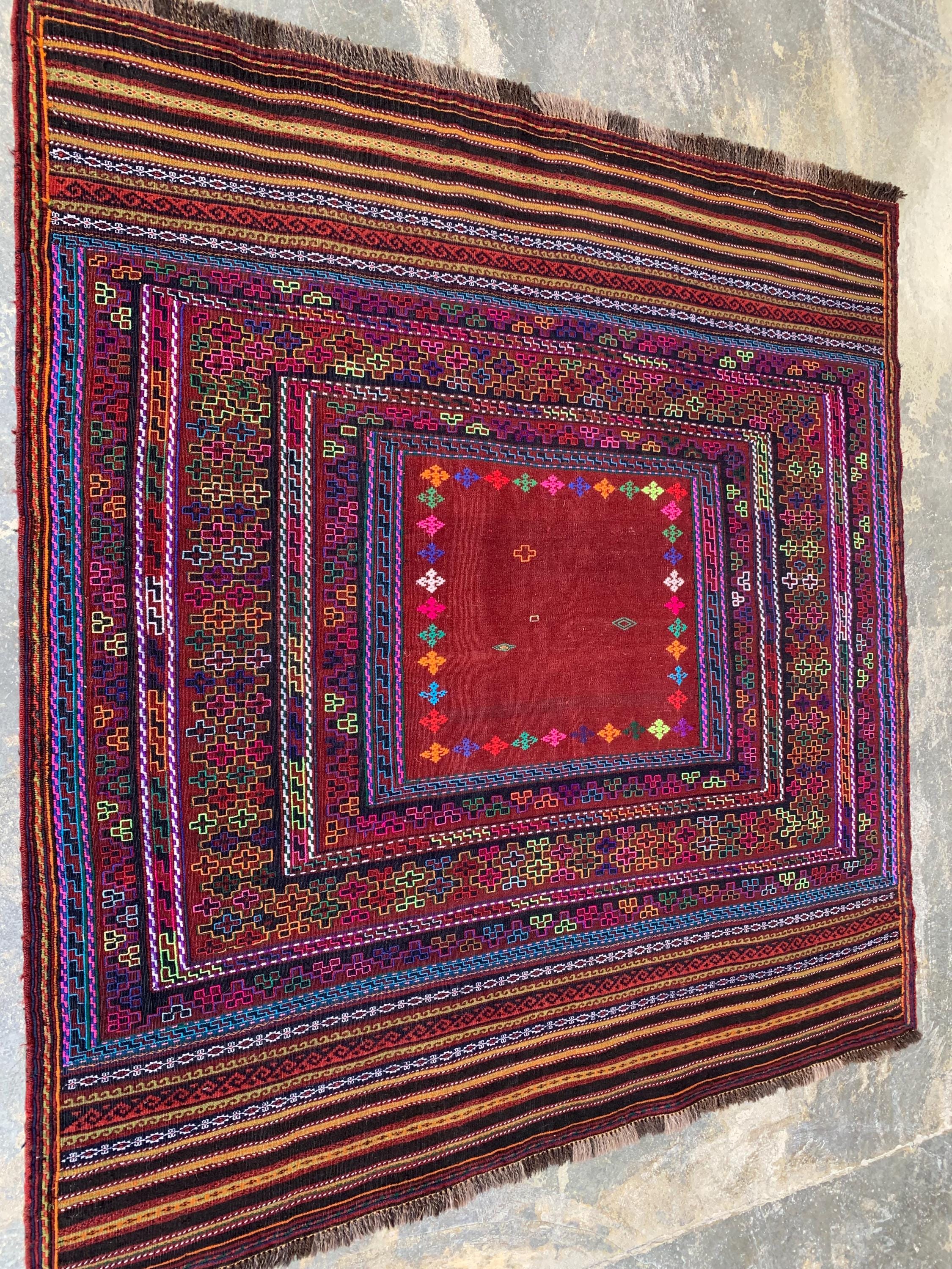 Afghan Vintage Kilim Rug 5x5ft, – Handwoven Wool Tribal Carpet, Boho Area Rug for Living Room, Bedroom, or Entryway, Rustic Home Decor