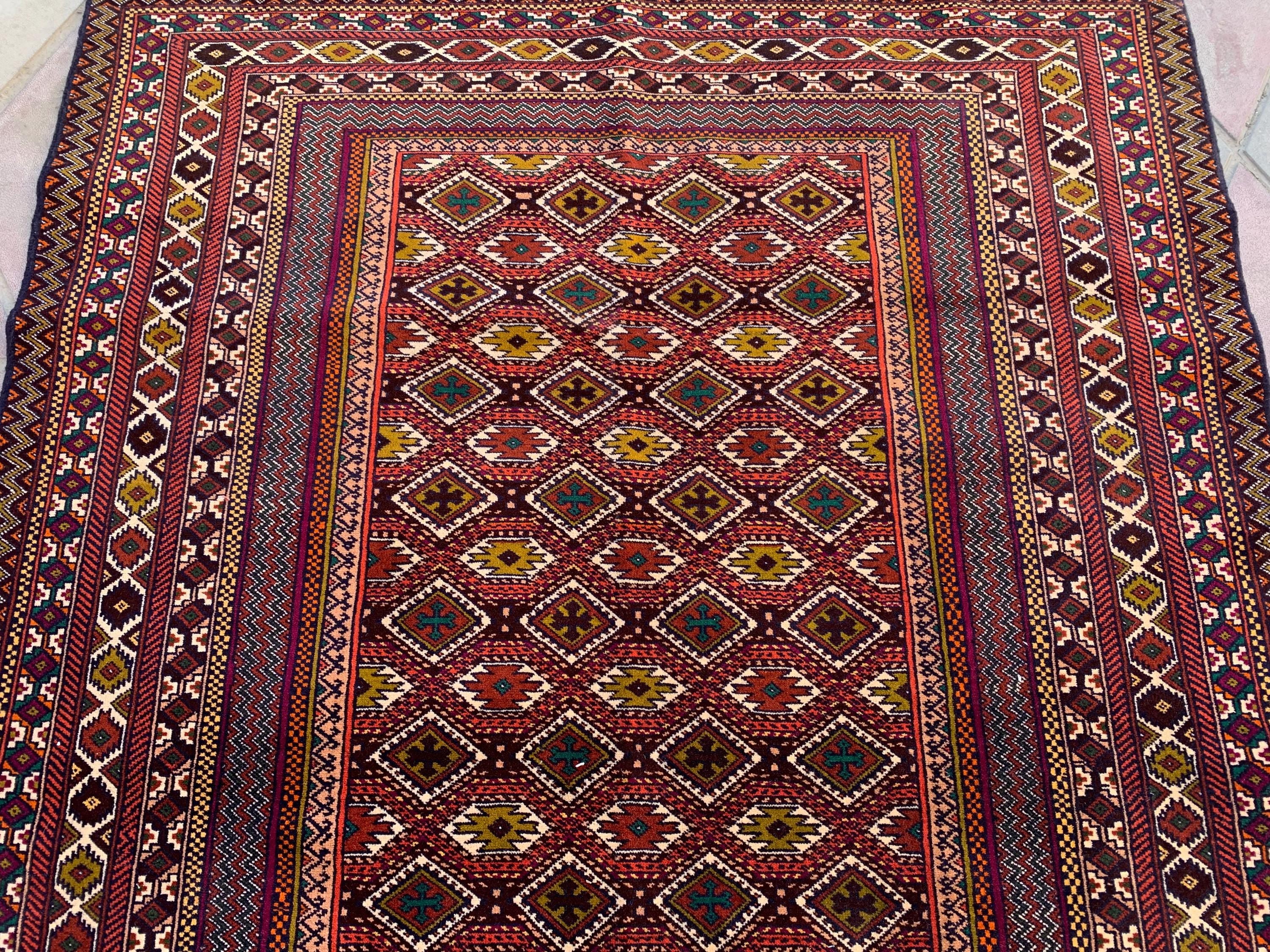 Antique Handwoven Tribal Rug 4.6x6.9 ft–Vintage Persian Wool Carpet, Bohemian Geometric Area Rug, Rustic Home Decor, Collectible OrientalRug