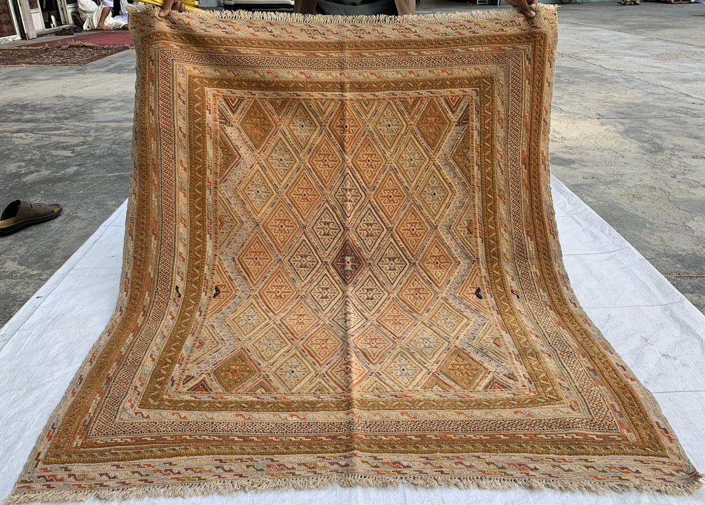 Vintage Afghan Kilim Rug 5x4ft – Handwoven Wool Flatweave, Tribal Geometric Boho Carpet, Earth Tone Area Rug, Entryway or Wall Hanging