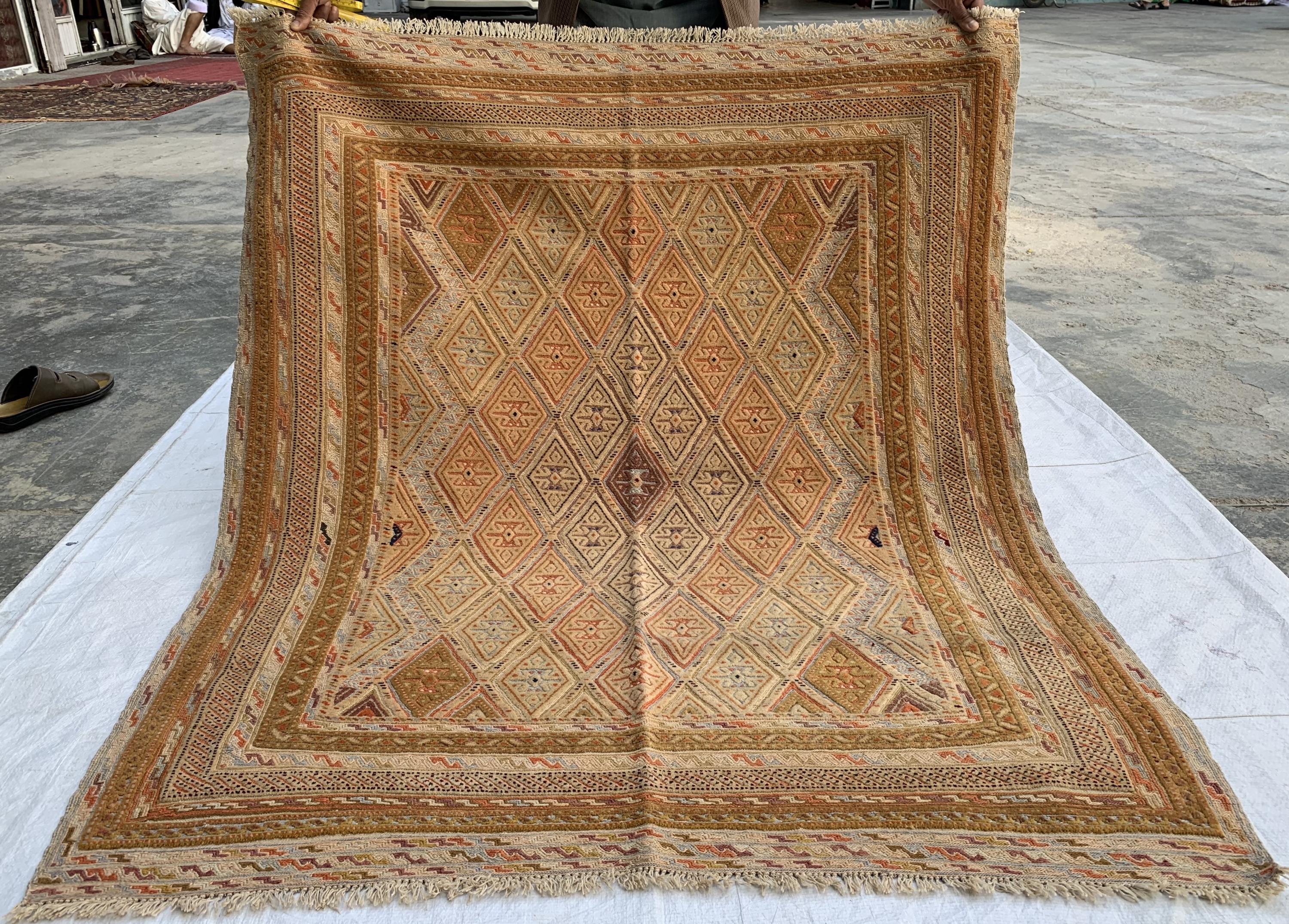 Vintage Afghan Kilim Rug 5x4ft – Handwoven Wool Flatweave, Tribal Geometric Boho Carpet, Earth Tone Area Rug, Entryway or Wall Hanging