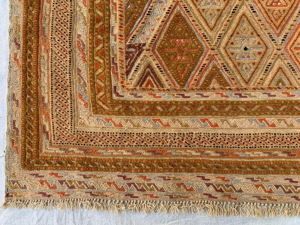 Vintage Afghan Kilim Rug 5x4ft – Handwoven Wool Flatweave, Tribal Geometric Boho Carpet, Earth Tone Area Rug, Entryway or Wall Hanging