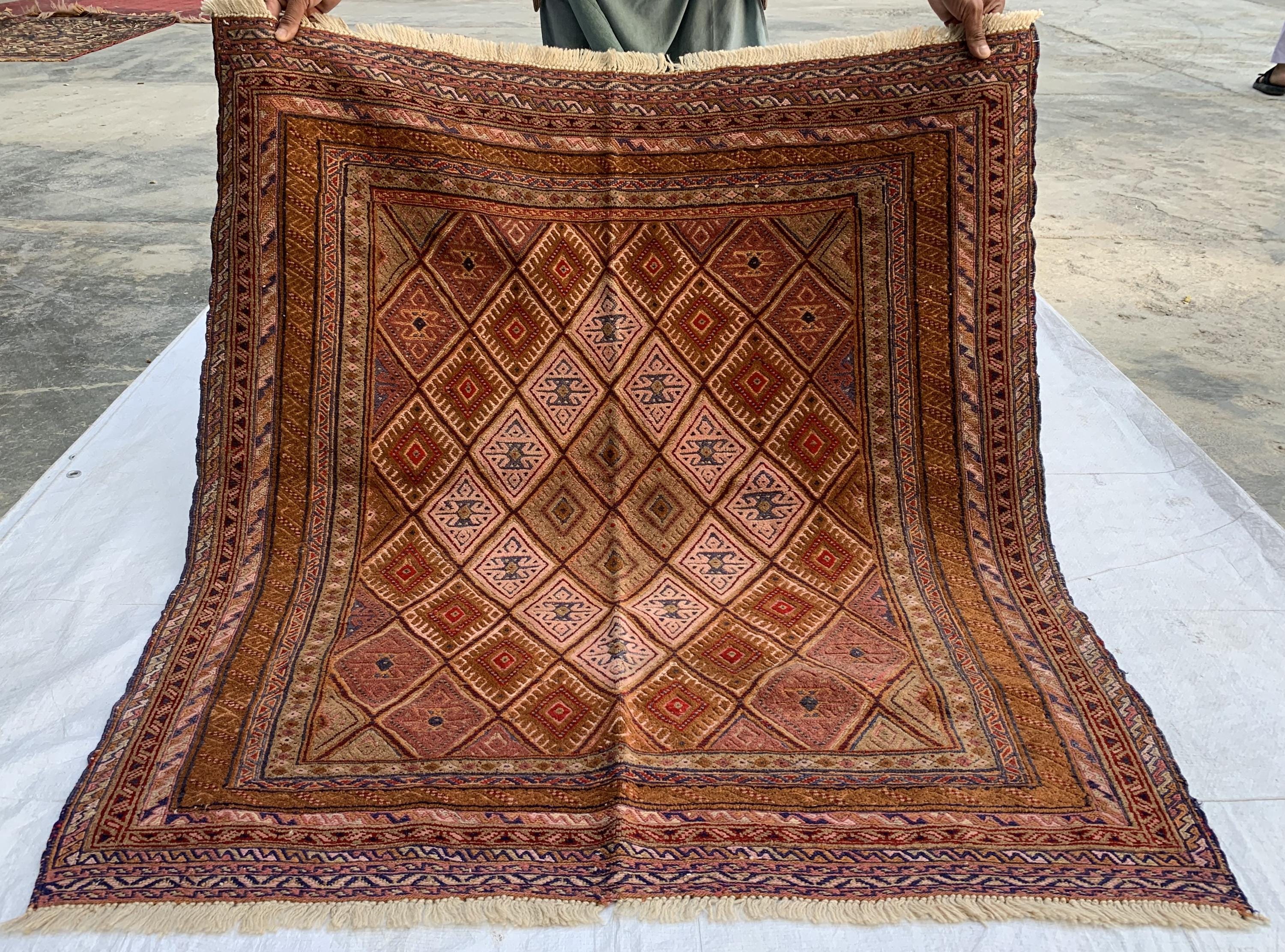 Vintage Kilim Rug 4.2x4 ft | Handmade Afghan Flatweave | Boho Decor | Turkmen Small Area Rug | Rustic Kilim Carpet, Perfect for Kitchen