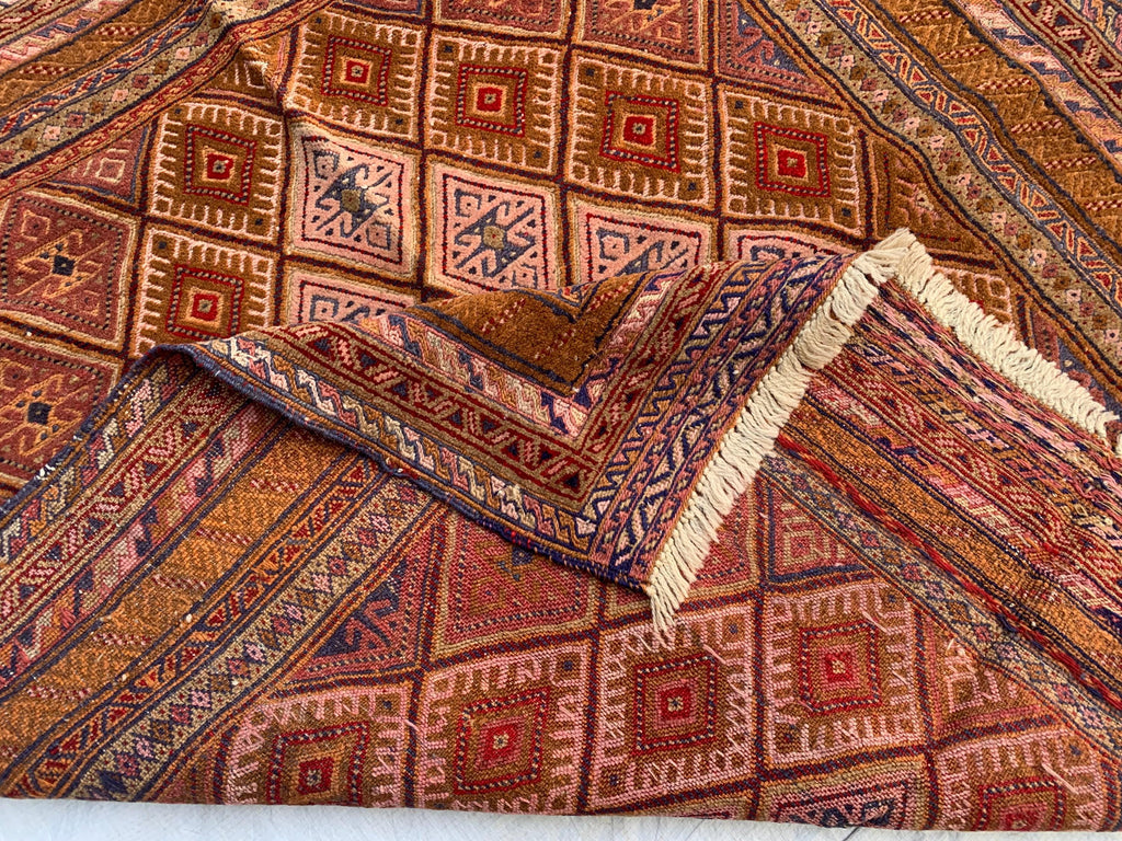 Vintage Kilim Rug 4.2x4 ft | Handmade Afghan Flatweave | Boho Decor | Turkmen Small Area Rug | Rustic Kilim Carpet, Perfect for Kitchen