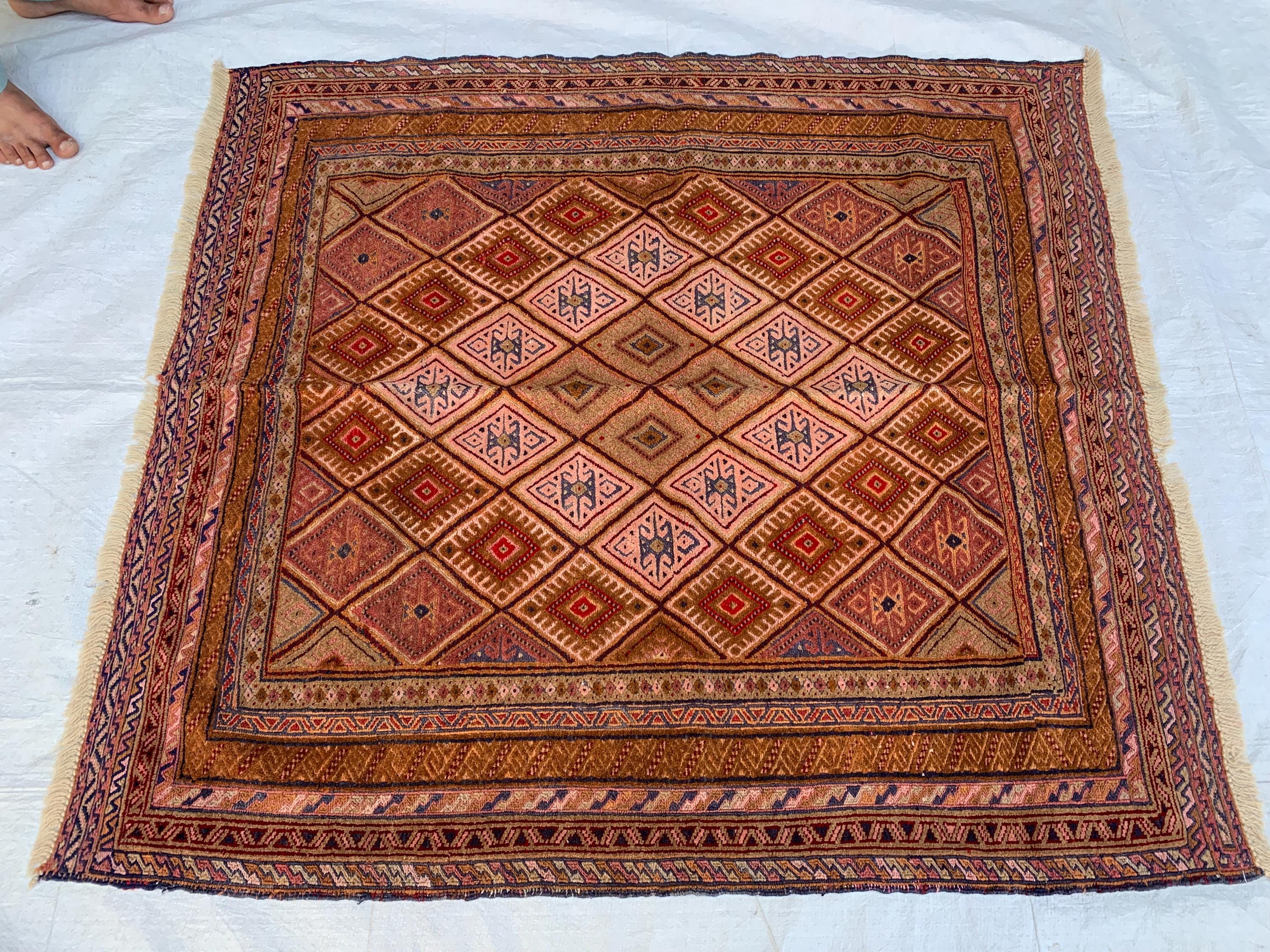 Vintage Kilim Rug 4.2x4 ft | Handmade Afghan Flatweave | Boho Decor | Turkmen Small Area Rug | Rustic Kilim Carpet, Perfect for Kitchen
