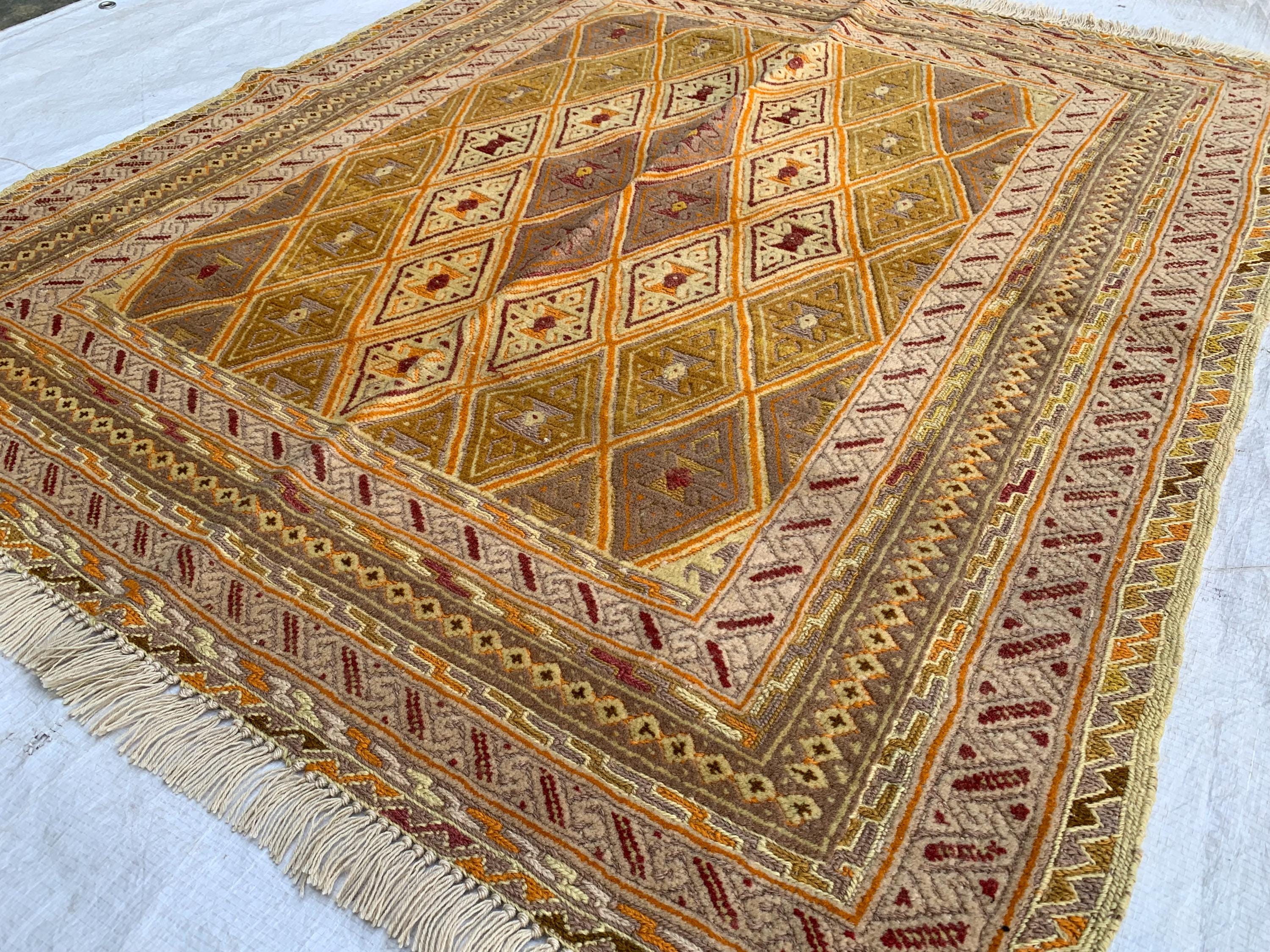 3x4ft, Vintage Afghan Kilim Rug | Golden Yellow Handmade Flatweave | Boho Decor | Geometric Wool Area Carpet, Bedroom Rug, Kitchen Rug