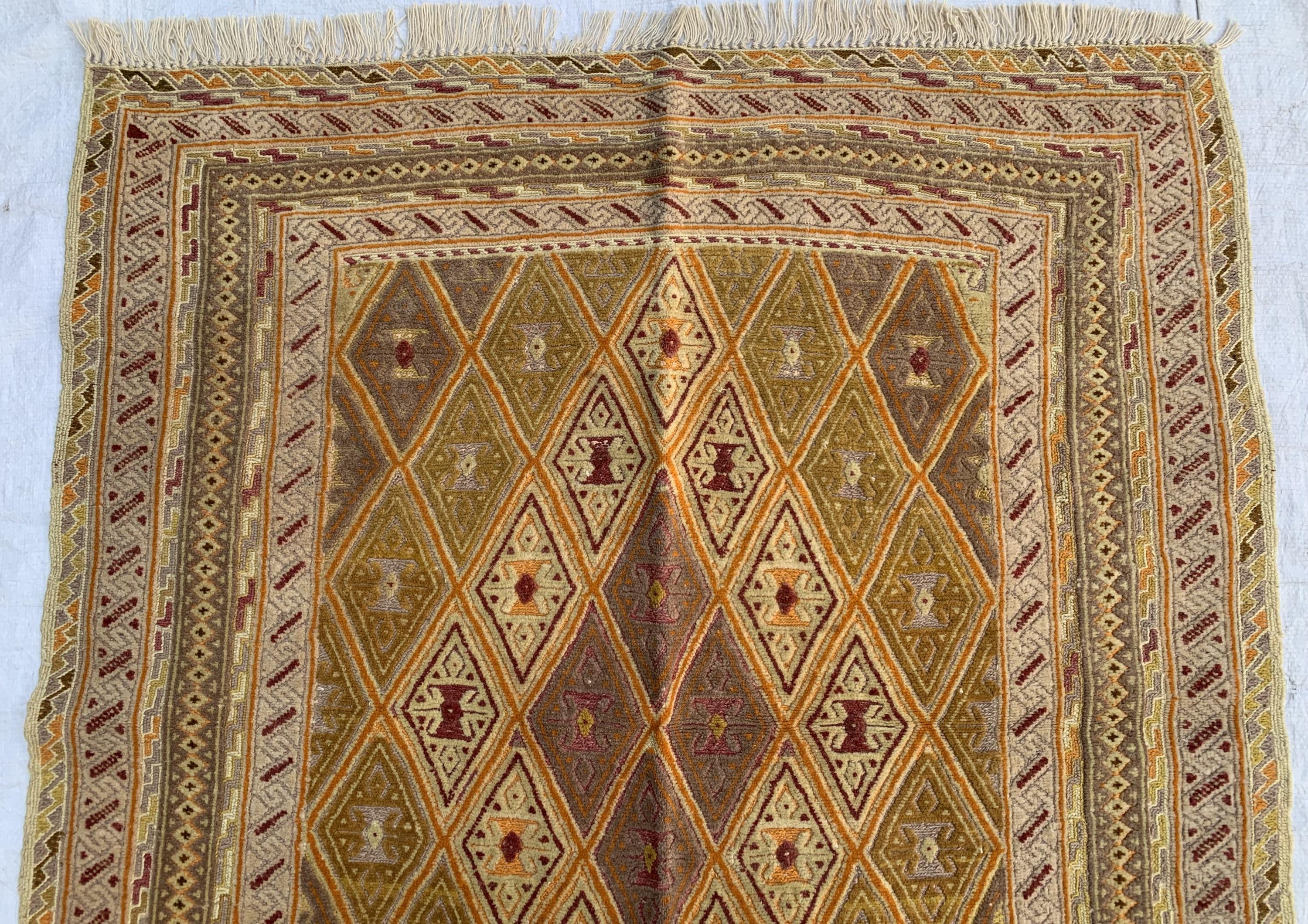 3x4ft, Vintage Afghan Kilim Rug | Golden Yellow Handmade Flatweave | Boho Decor | Geometric Wool Area Carpet, Bedroom Rug, Kitchen Rug