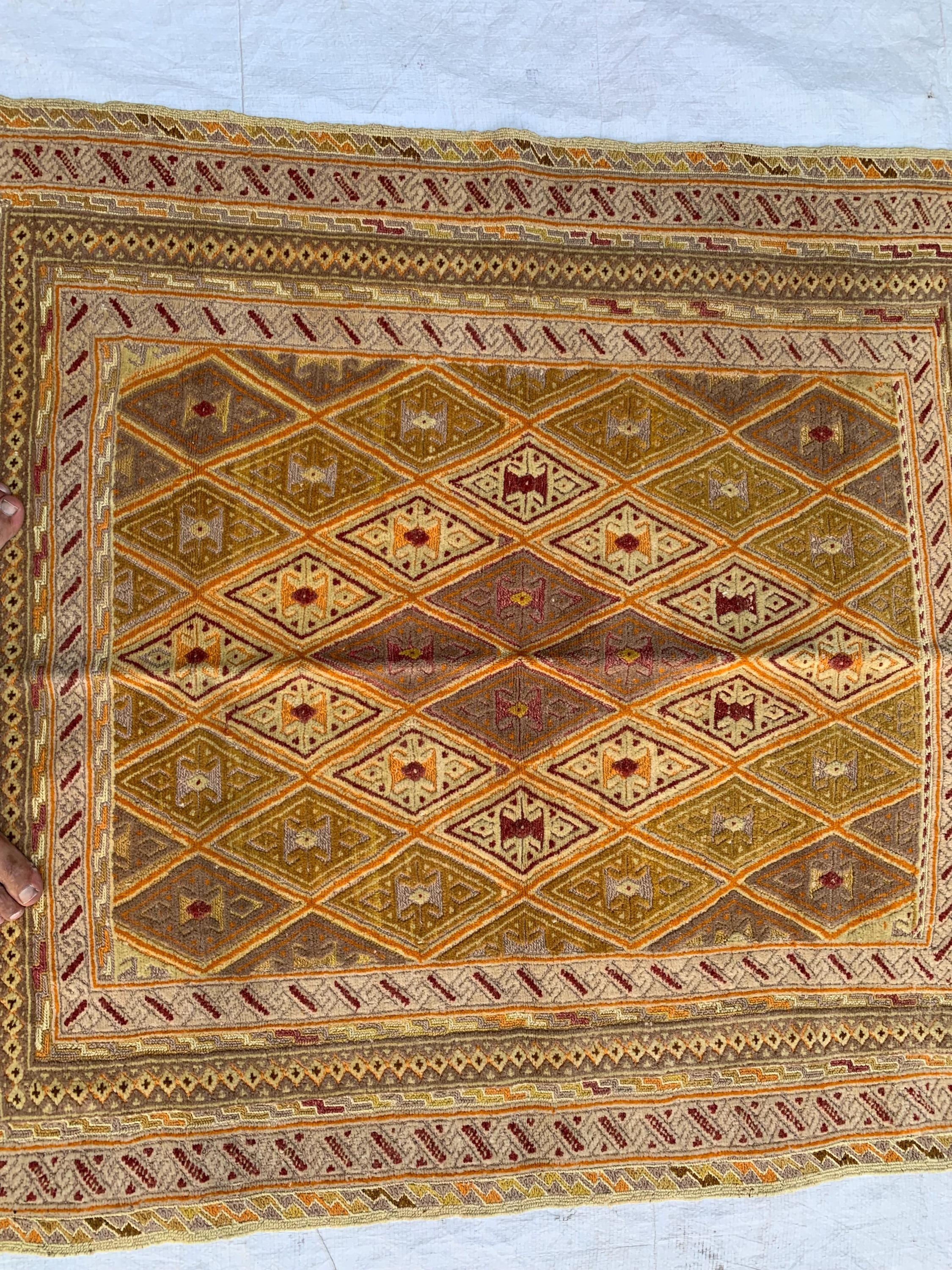 3x4ft, Vintage Afghan Kilim Rug | Golden Yellow Handmade Flatweave | Boho Decor | Geometric Wool Area Carpet, Bedroom Rug, Kitchen Rug