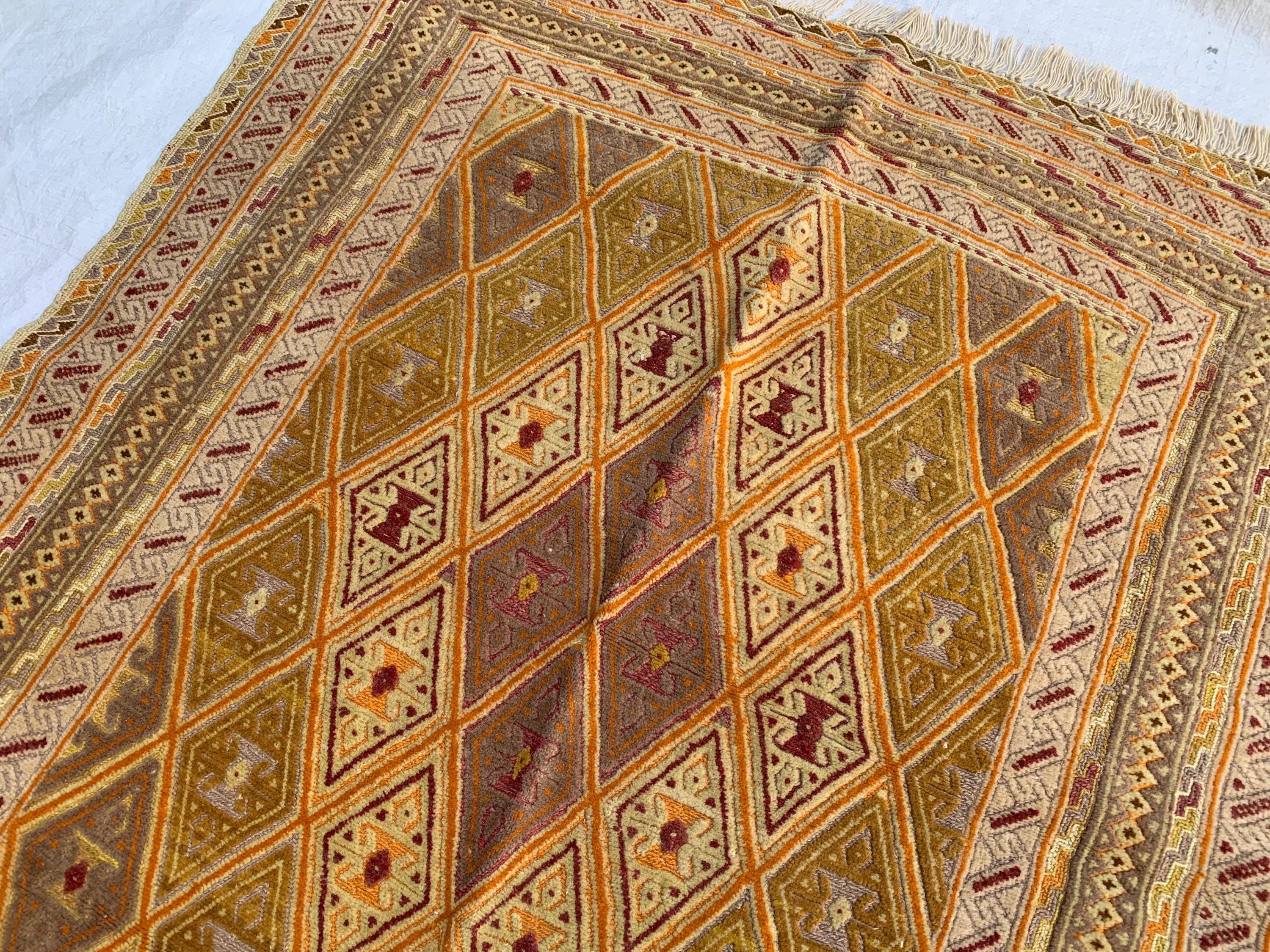 3x4ft, Vintage Afghan Kilim Rug | Golden Yellow Handmade Flatweave | Boho Decor | Geometric Wool Area Carpet, Bedroom Rug, Kitchen Rug