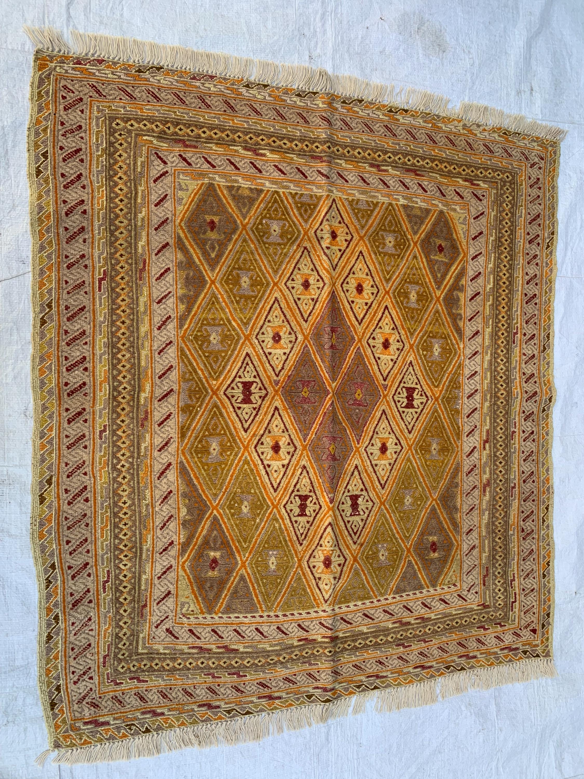 3x4ft, Vintage Afghan Kilim Rug | Golden Yellow Handmade Flatweave | Boho Decor | Geometric Wool Area Carpet, Bedroom Rug, Kitchen Rug
