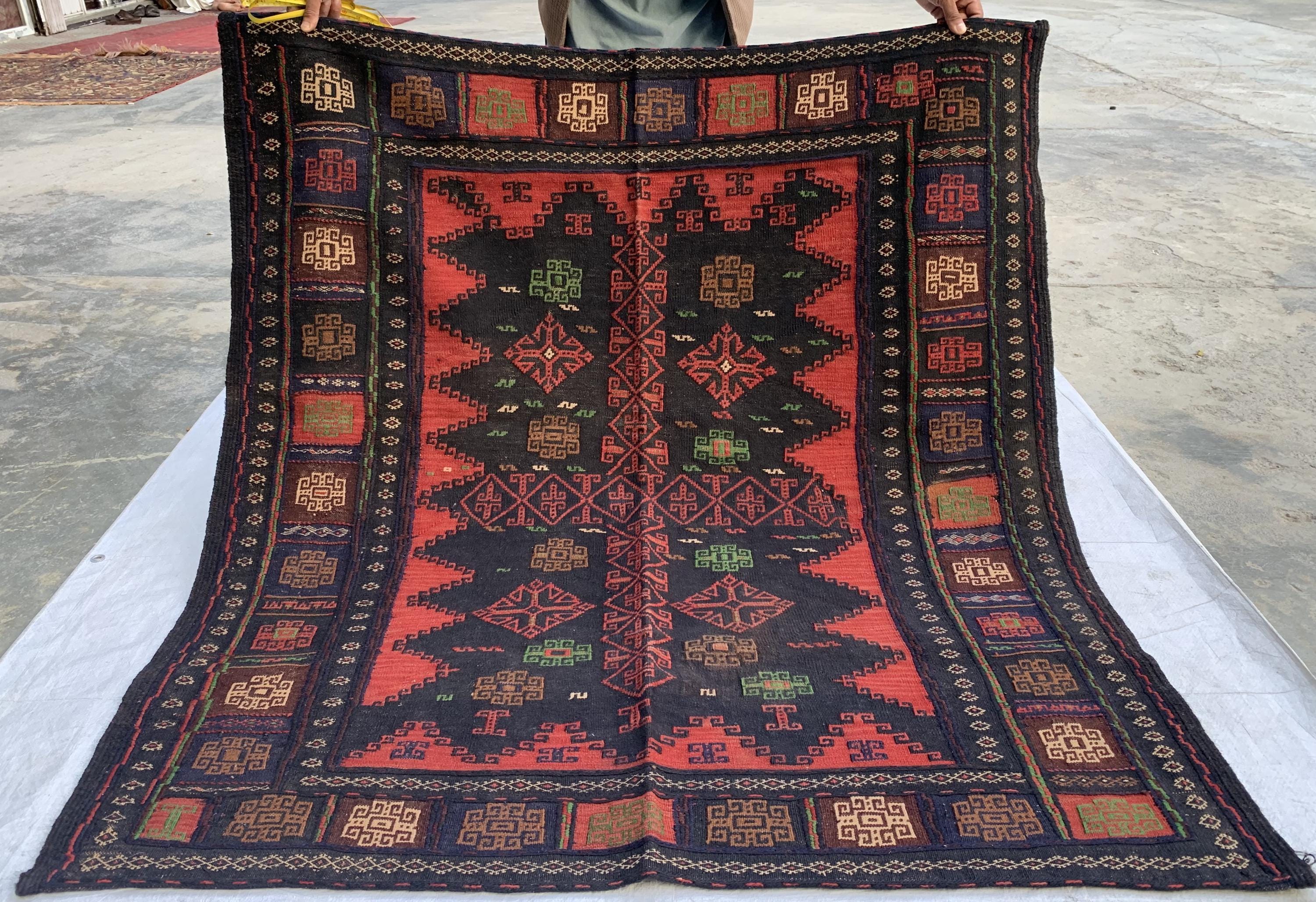Vintage Afghan Kilim Rug 5x5ft | Black Red Wool Flatweave | Handmade Tribal Carpet | Boho Area Rug | Wall Hanging or Floor Decor 155x145cm