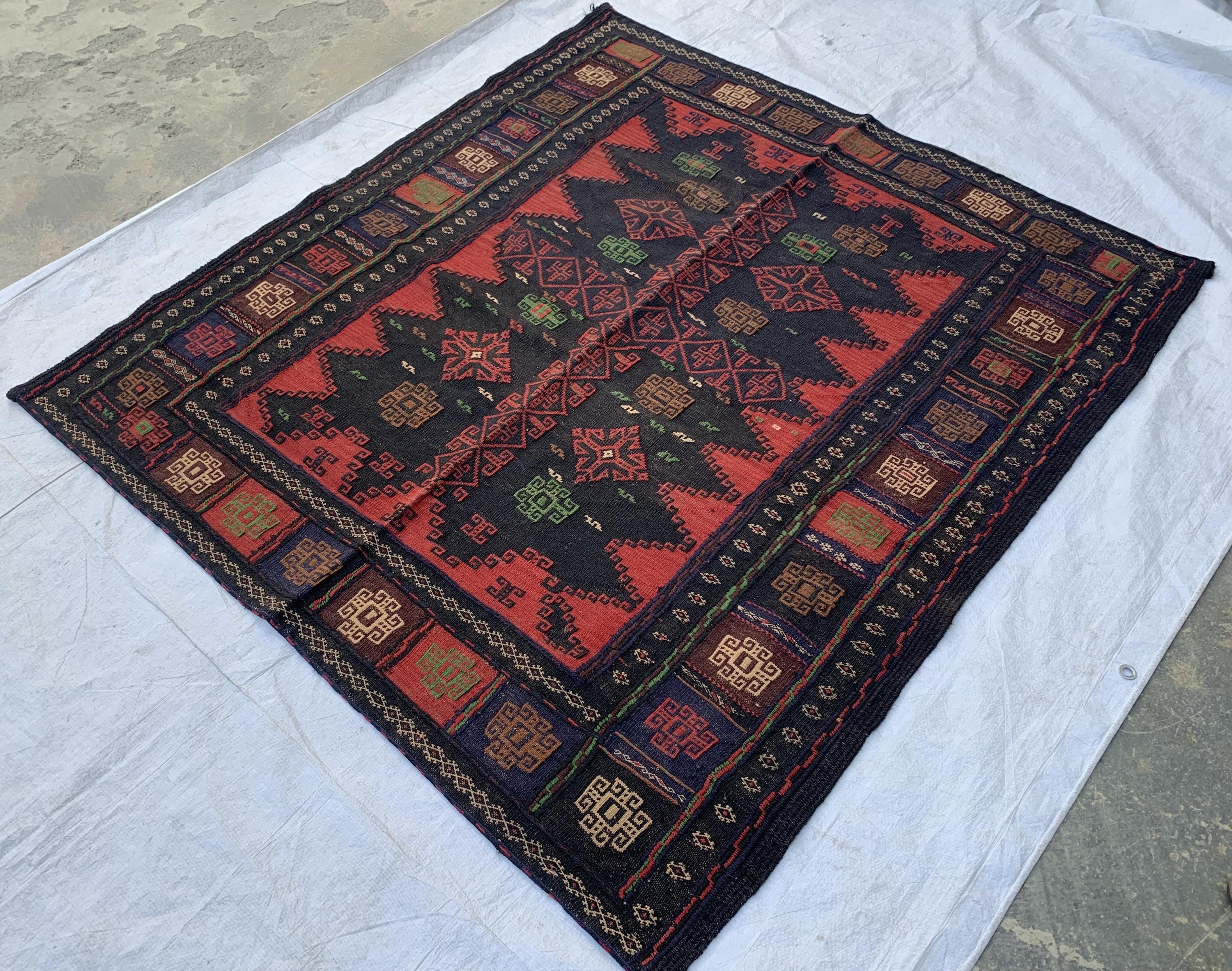 Vintage Afghan Kilim Rug 5x5ft | Black Red Wool Flatweave | Handmade Tribal Carpet | Boho Area Rug | Wall Hanging or Floor Decor 155x145cm
