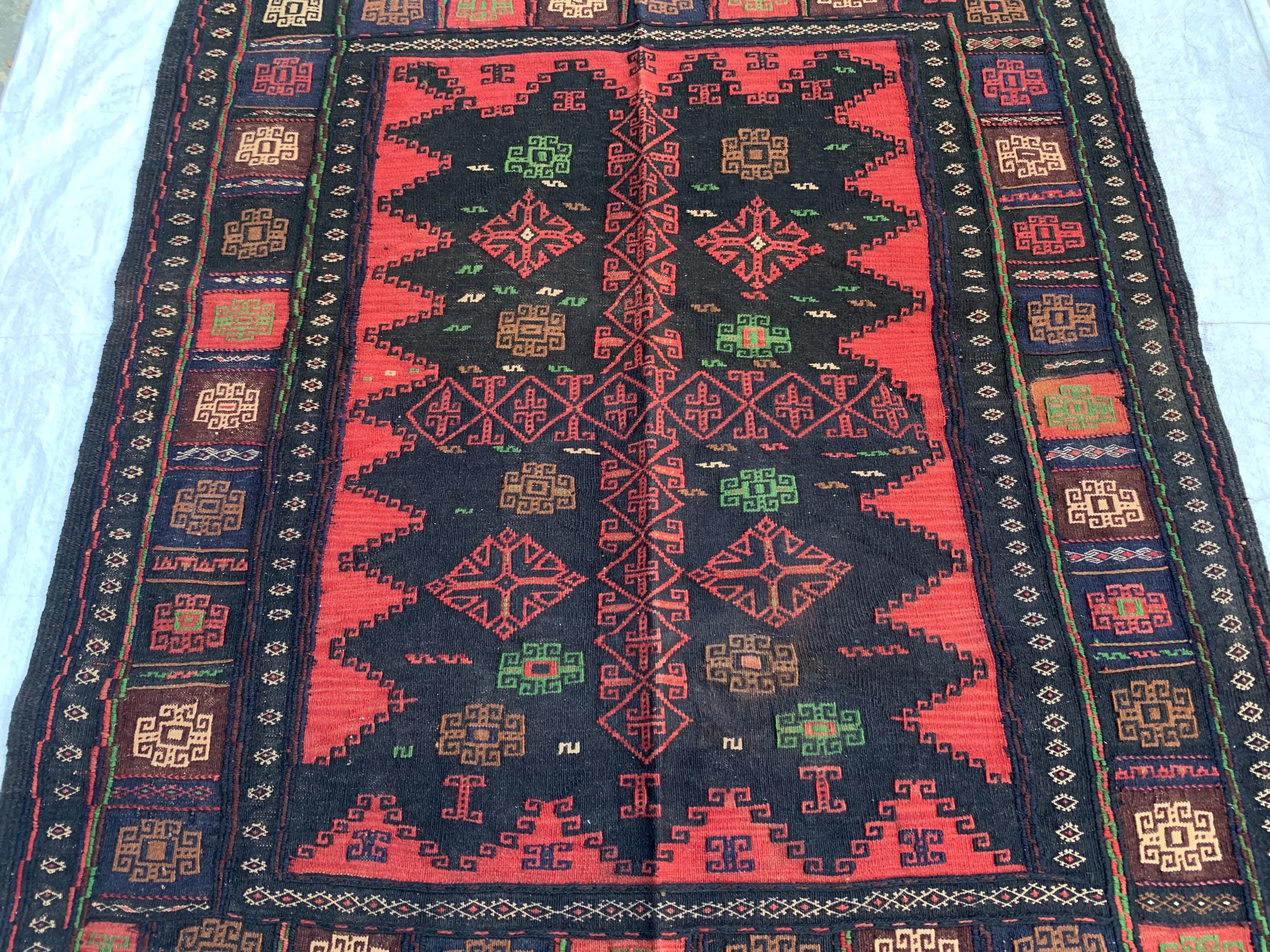 Vintage Afghan Kilim Rug 5x5ft | Black Red Wool Flatweave | Handmade Tribal Carpet | Boho Area Rug | Wall Hanging or Floor Decor 155x145cm