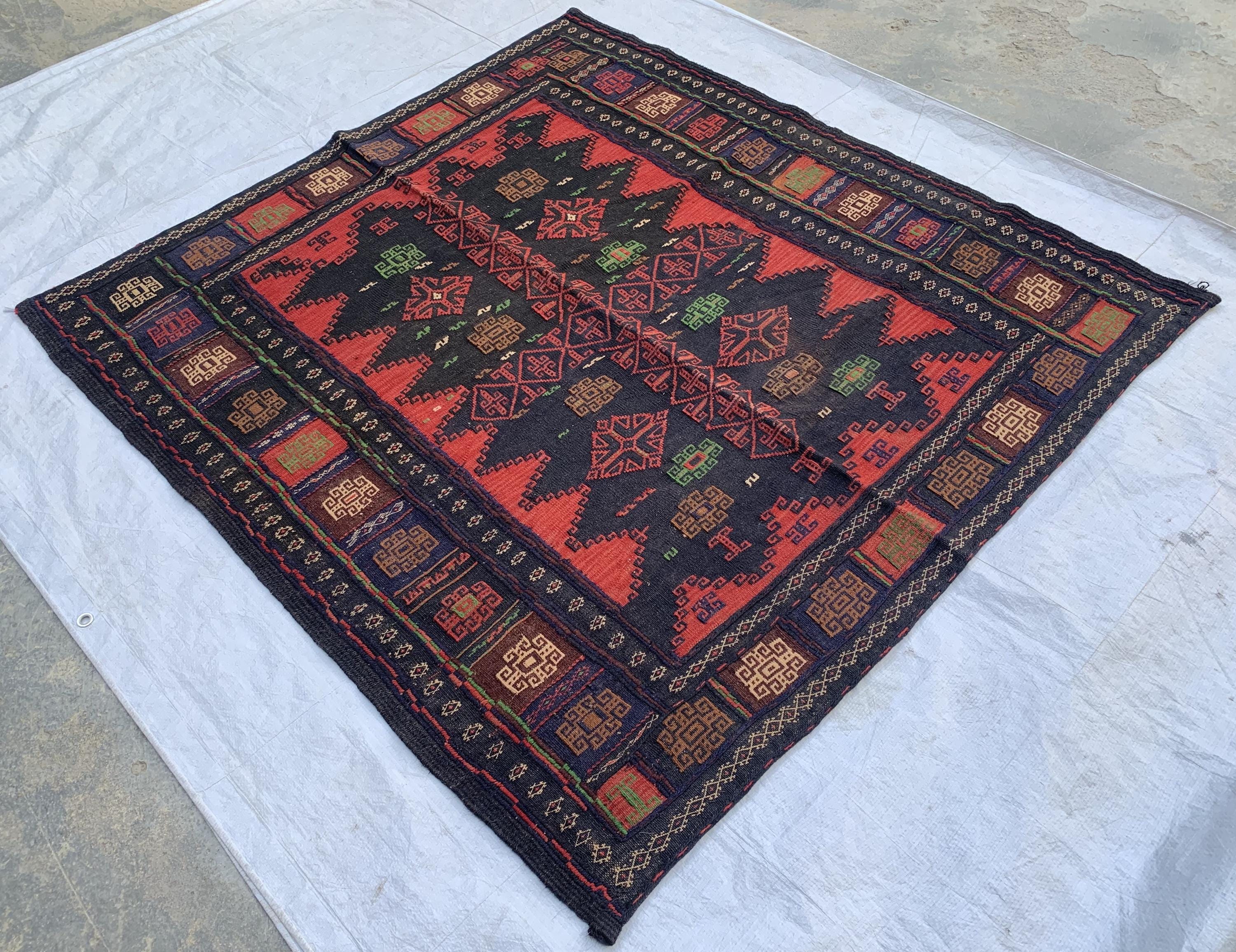 Vintage Afghan Kilim Rug 5x5ft | Black Red Wool Flatweave | Handmade Tribal Carpet | Boho Area Rug | Wall Hanging or Floor Decor 155x145cm