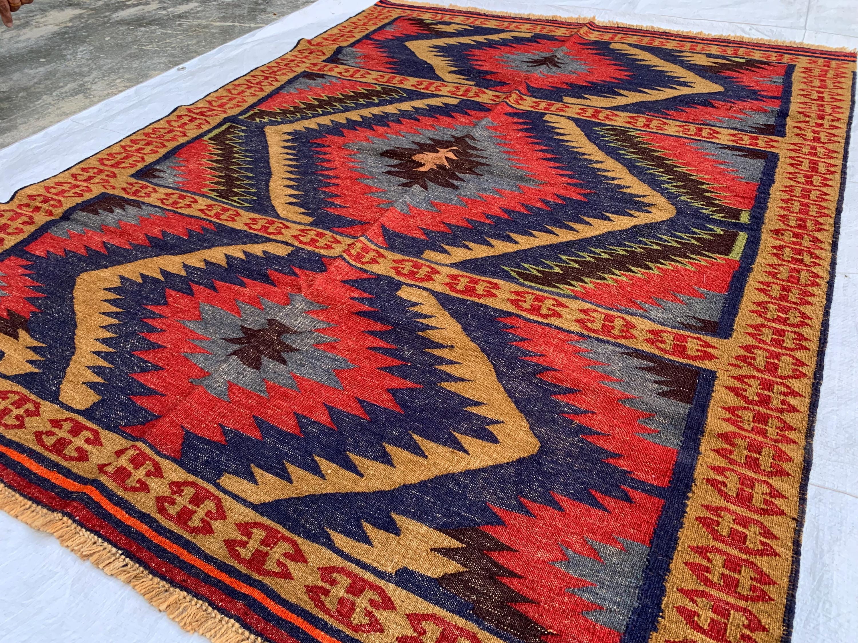 Antique Afghan Kilim Rug 5.8x4.5ft | Handwoven Wool Flatweave | Tribal Geometric Carpet |Boho Decor| Collectible Vintage Rug, Livingroom Rug