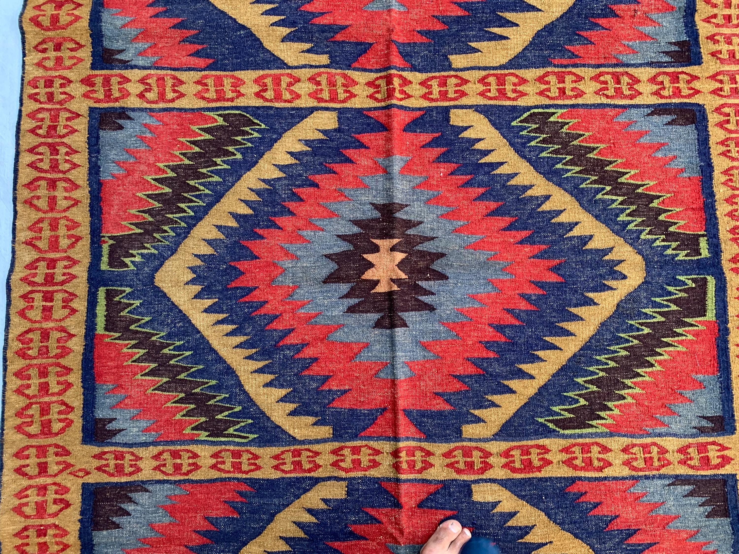 Antique Afghan Kilim Rug 5.8x4.5ft | Handwoven Wool Flatweave | Tribal Geometric Carpet |Boho Decor| Collectible Vintage Rug, Livingroom Rug