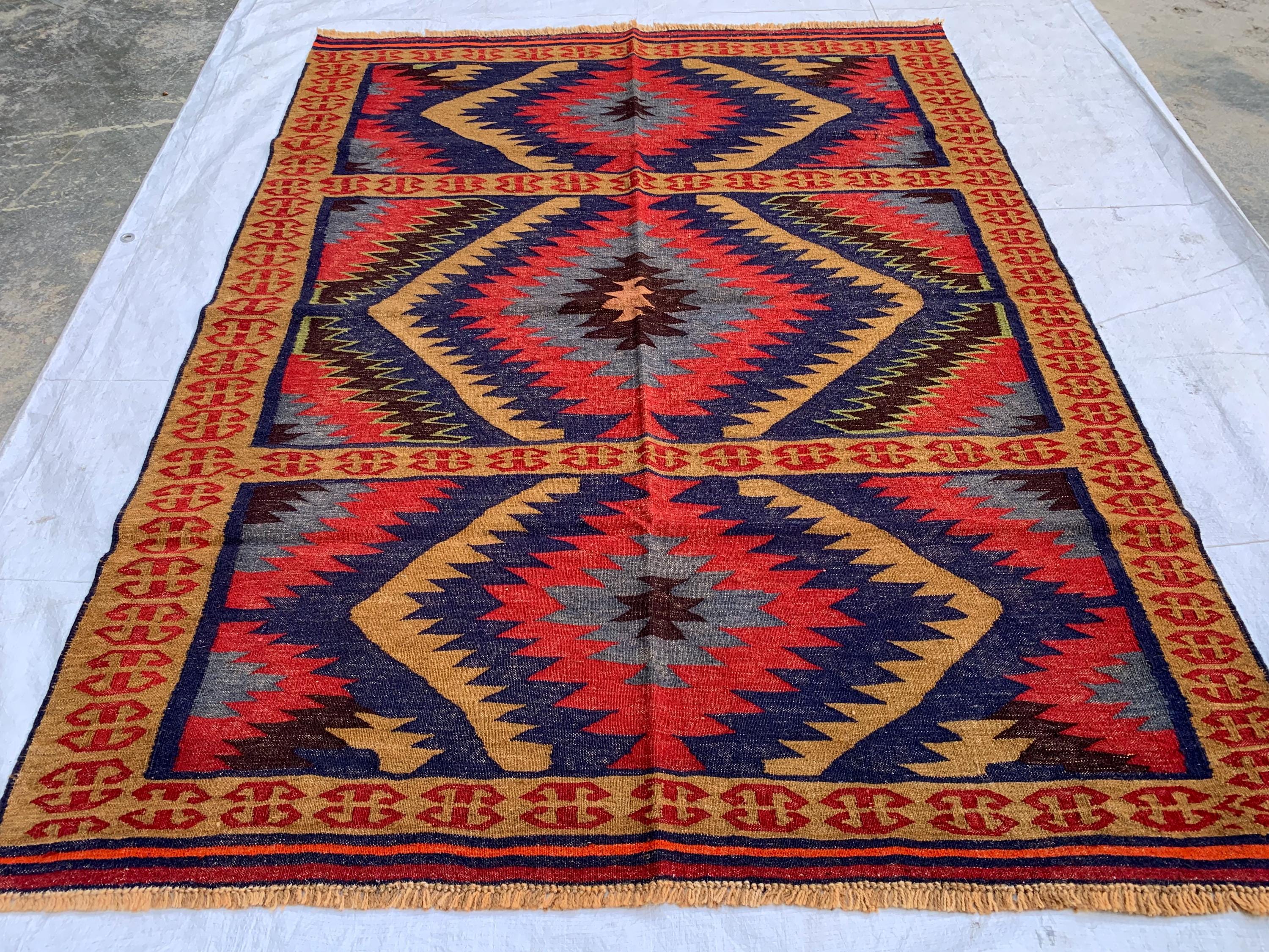 Antique Afghan Kilim Rug 5.8x4.5ft | Handwoven Wool Flatweave | Tribal Geometric Carpet |Boho Decor| Collectible Vintage Rug, Livingroom Rug
