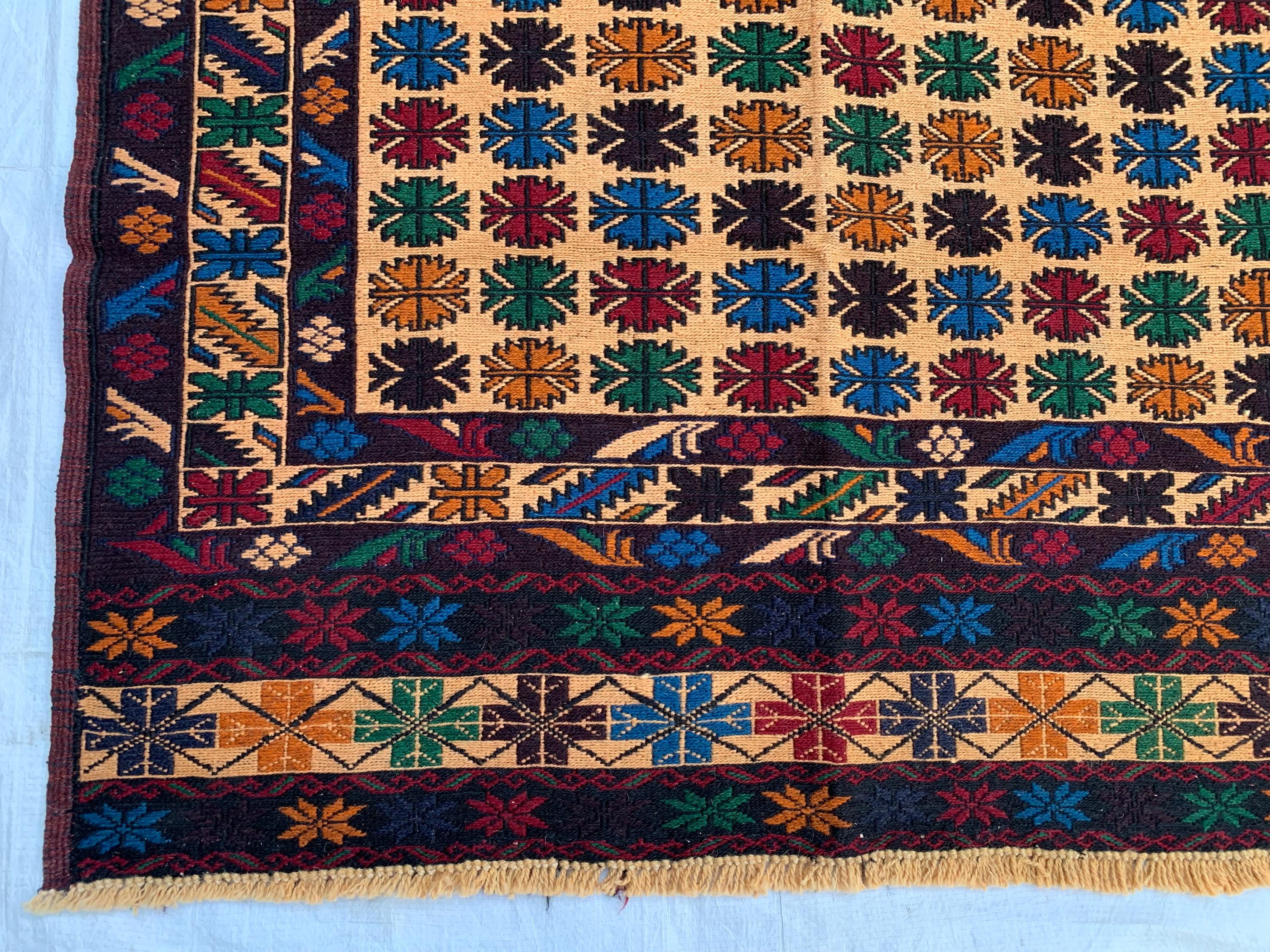 Vintage Tribal Herati Kilim Rug 4x6ft | Handmade Afghan Wool Flatweave | Boho Area Rug |Wall Hanging | Collectible Floor Decor, Kitchen Rug