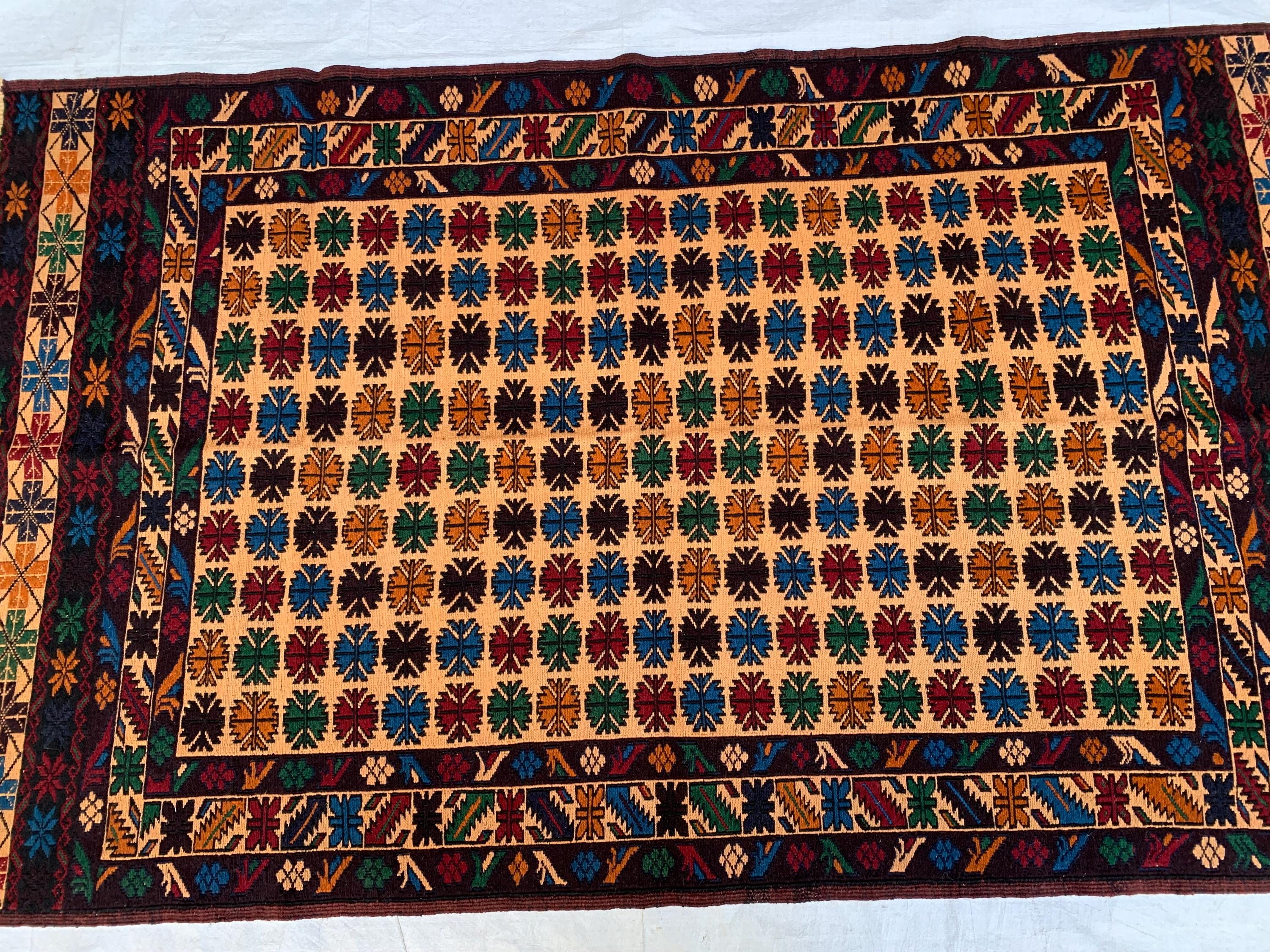 Vintage Tribal Herati Kilim Rug 4x6ft | Handmade Afghan Wool Flatweave | Boho Area Rug |Wall Hanging | Collectible Floor Decor, Kitchen Rug