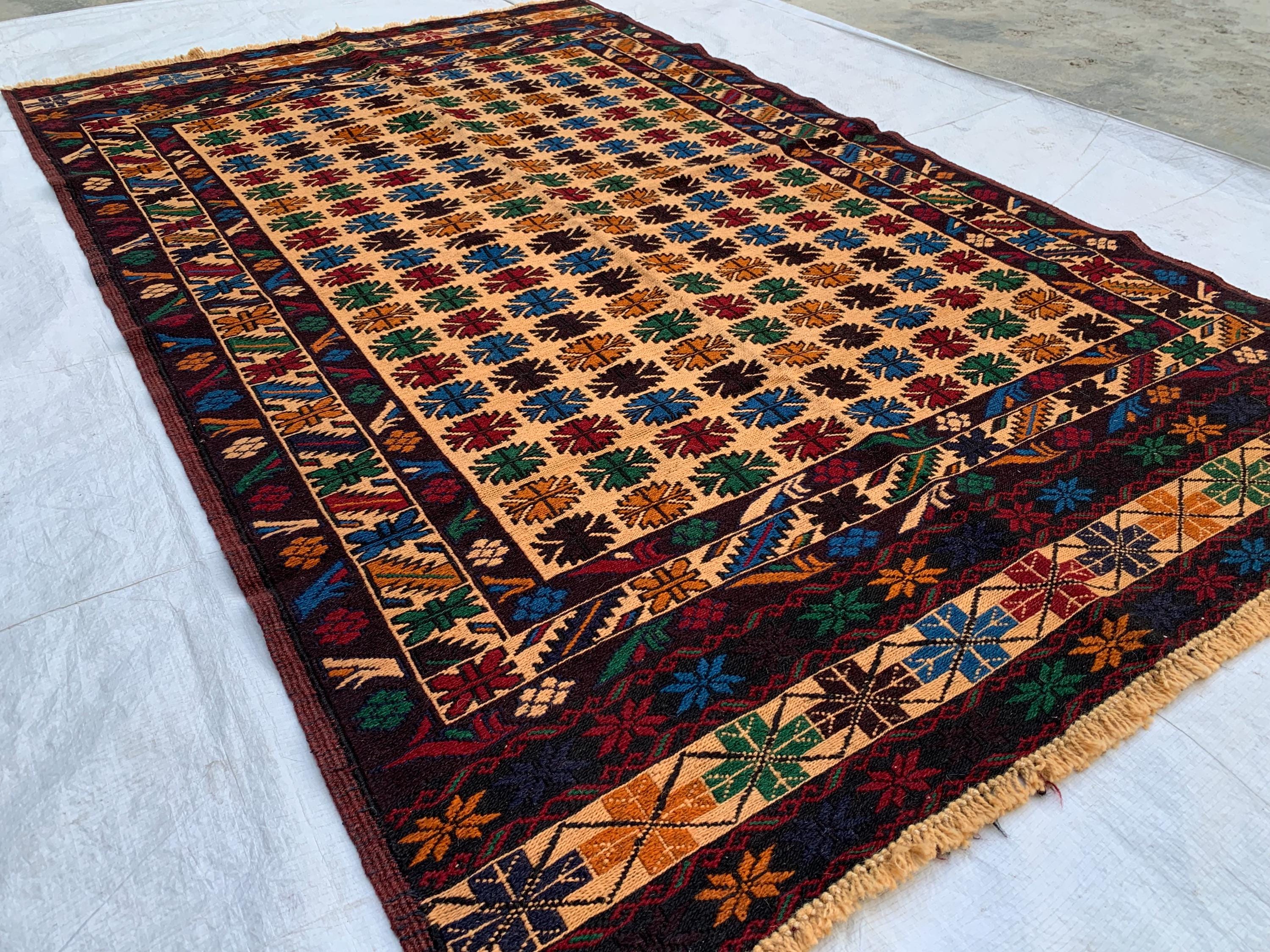 Vintage Tribal Herati Kilim Rug 4x6ft | Handmade Afghan Wool Flatweave | Boho Area Rug |Wall Hanging | Collectible Floor Decor, Kitchen Rug