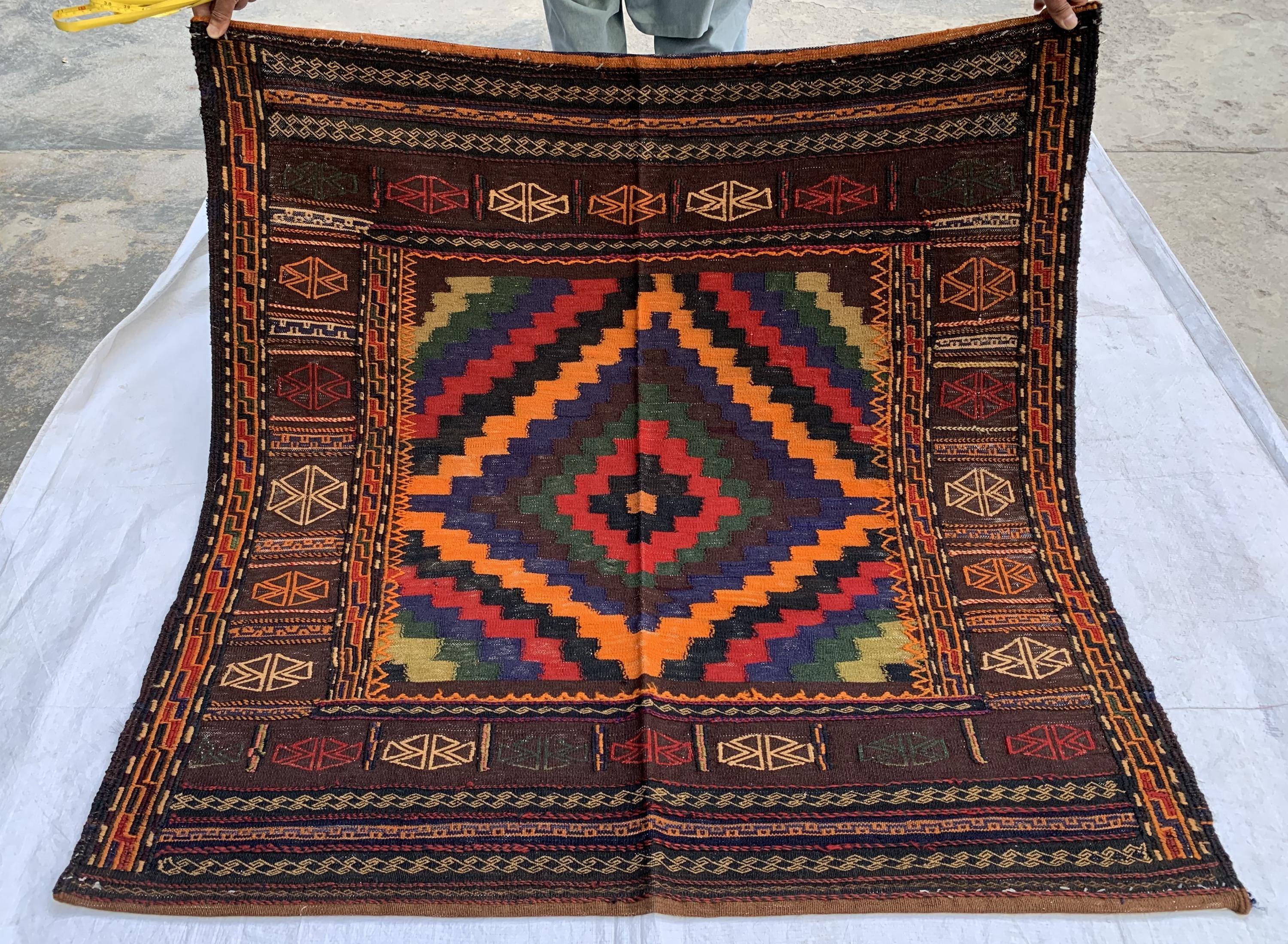 Vintage Afghan Kilim Rug 5'1" x 4'7" – Handmade Wool Flatweave – Multicolor Tribal Geometric Area Rug – Boho Carpet for Kitchen or Bedroom