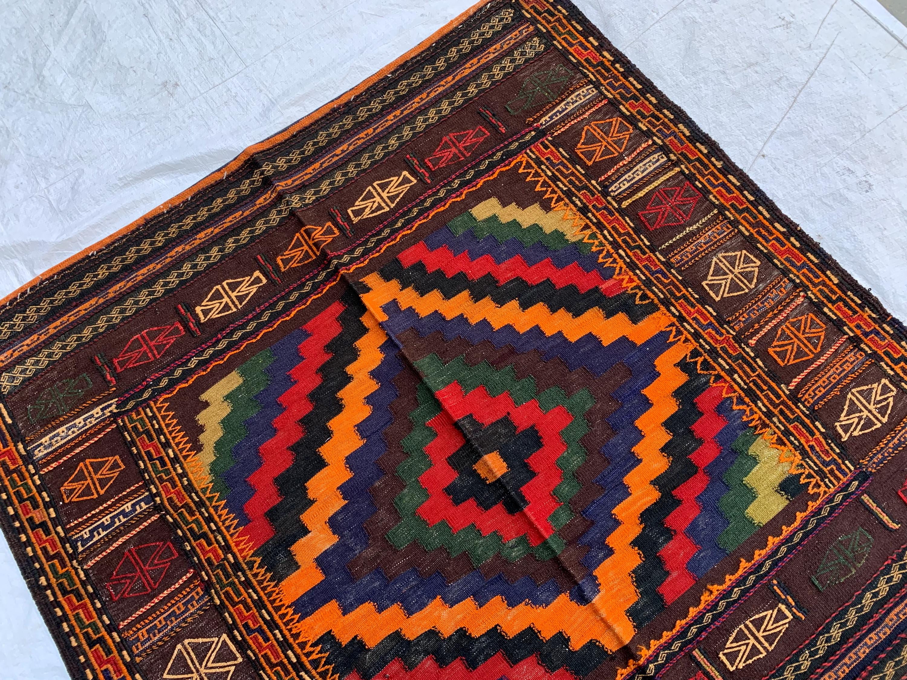 Vintage Afghan Kilim Rug 5'1" x 4'7" – Handmade Wool Flatweave – Multicolor Tribal Geometric Area Rug – Boho Carpet for Kitchen or Bedroom