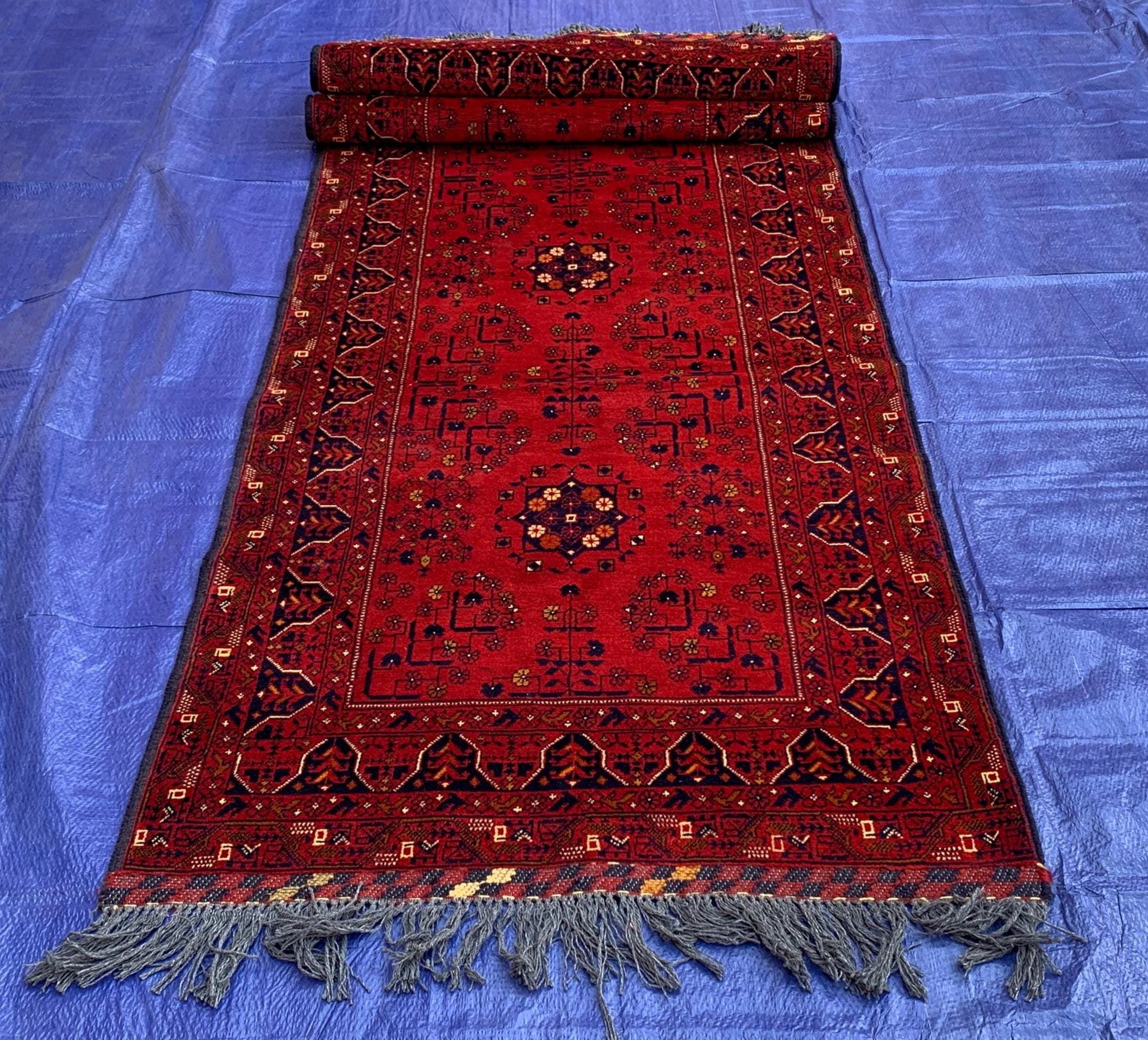 Vintage Bukhara Runner Rug 3x10 ft – Handmade Red Wool Hallway Carpet, Tribal Persian Design, Boho Decor, Authentic Oriental Rug 3x9.9 ft