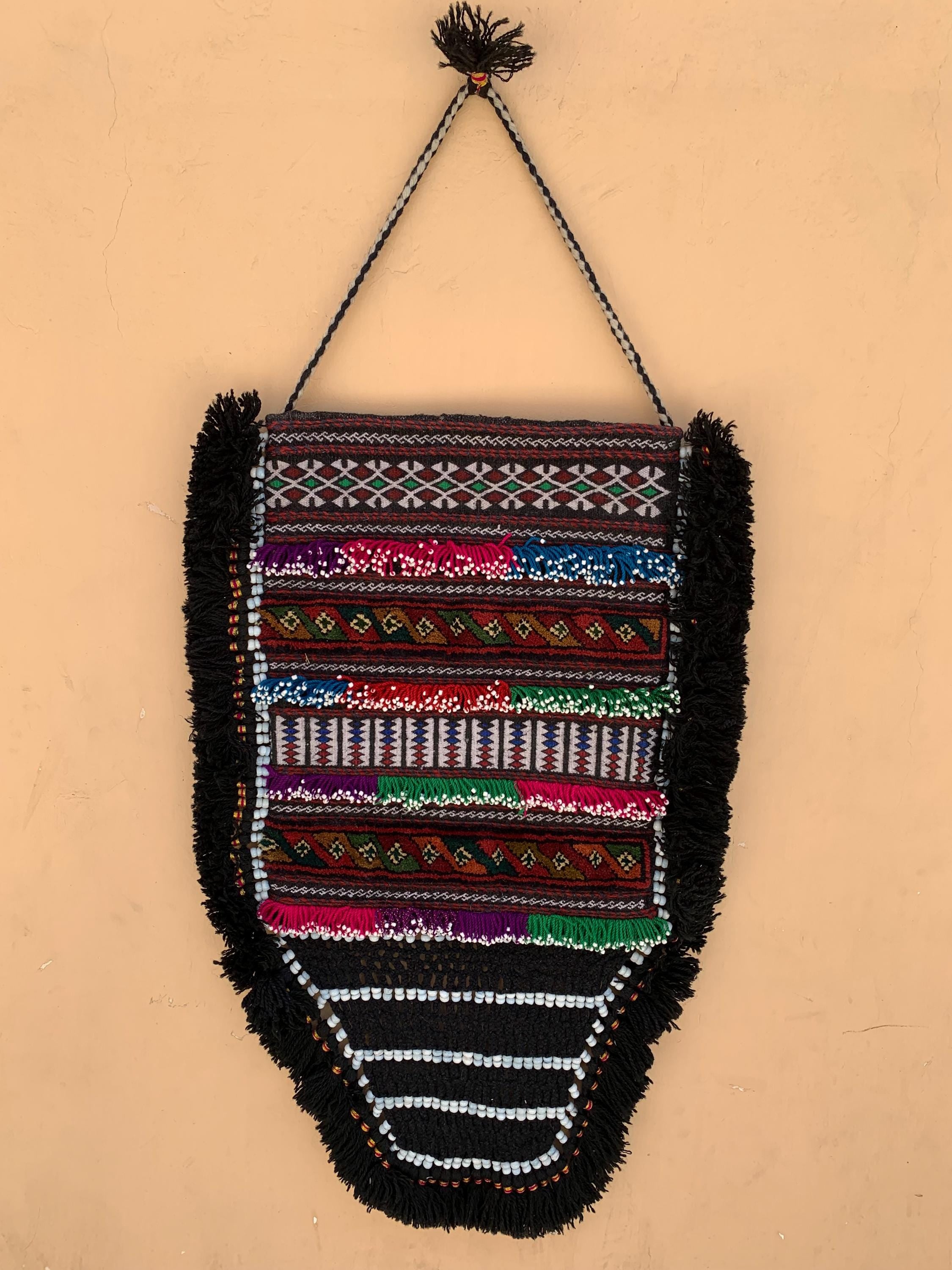 Handmade Tribal Wall Hanging 2.10 x 1.1 ft – Vintage Boho Textile Art, Ethnic Wool Decor, Colorful Kilim Style Wall Tapestry with Tassels