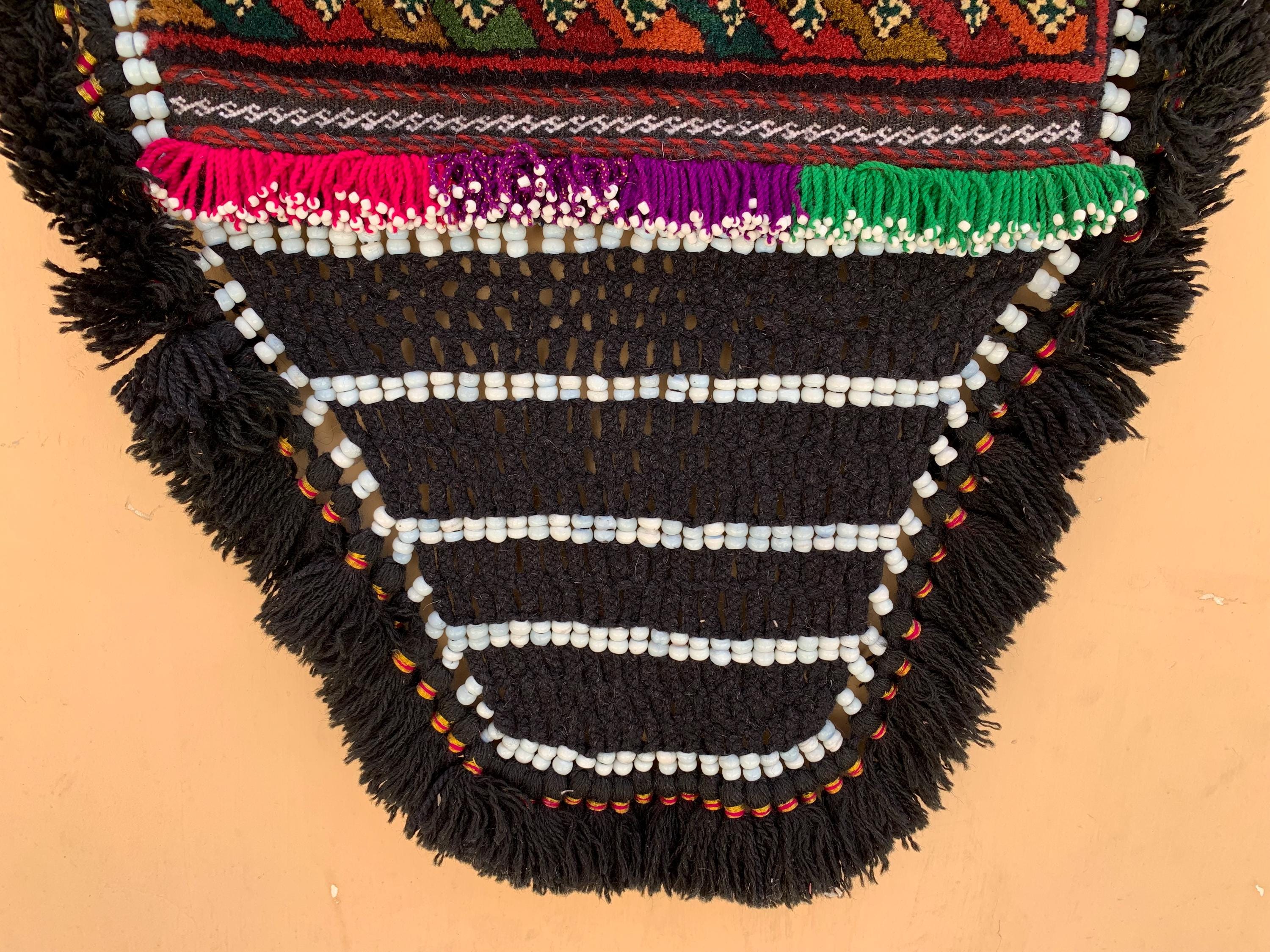 Handmade Tribal Wall Hanging 2.10 x 1.1 ft – Vintage Boho Textile Art, Ethnic Wool Decor, Colorful Kilim Style Wall Tapestry with Tassels