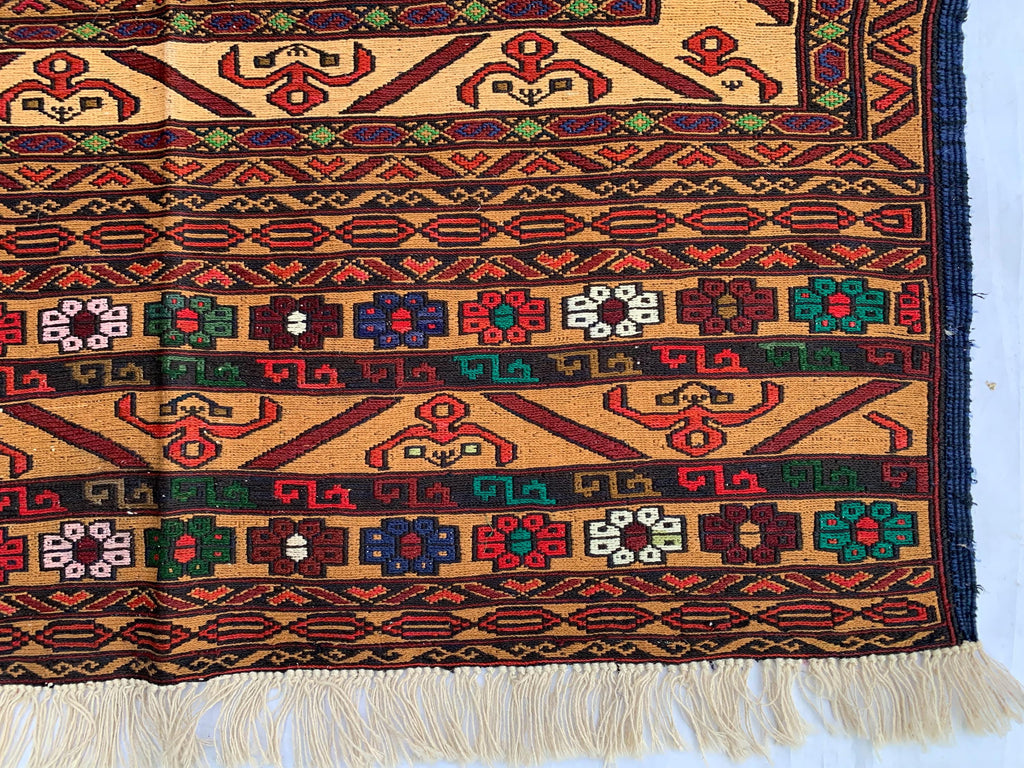Turkmen Kilim Rug 3'10x 6'7 – Handwoven Wool Area Rug with Geometric Motifs – Red, Gold, Multicolor – Boho Living Room Decor