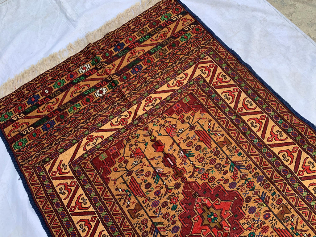 Turkmen Kilim Rug 3'10x 6'7 – Handwoven Wool Area Rug with Geometric Motifs – Red, Gold, Multicolor – Boho Living Room Decor