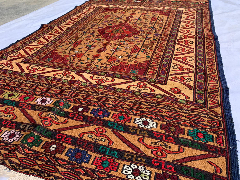 Turkmen Kilim Rug 3'10x 6'7 – Handwoven Wool Area Rug with Geometric Motifs – Red, Gold, Multicolor – Boho Living Room Decor
