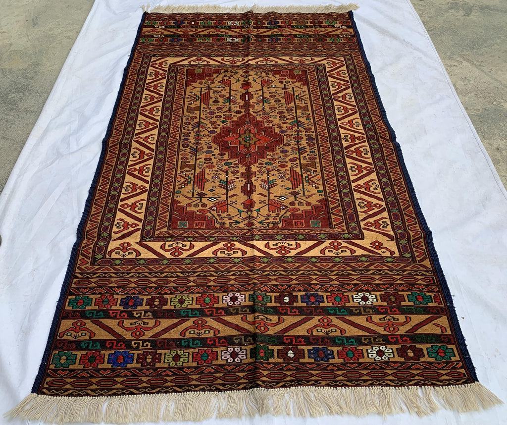 Turkmen Kilim Rug 3'10x 6'7 – Handwoven Wool Area Rug with Geometric Motifs – Red, Gold, Multicolor – Boho Living Room Decor