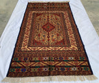 Turkmen Kilim Rug 3'10x 6'7 – Handwoven Wool Area Rug with Geometric Motifs – Red, Gold, Multicolor – Boho Living Room Decor
