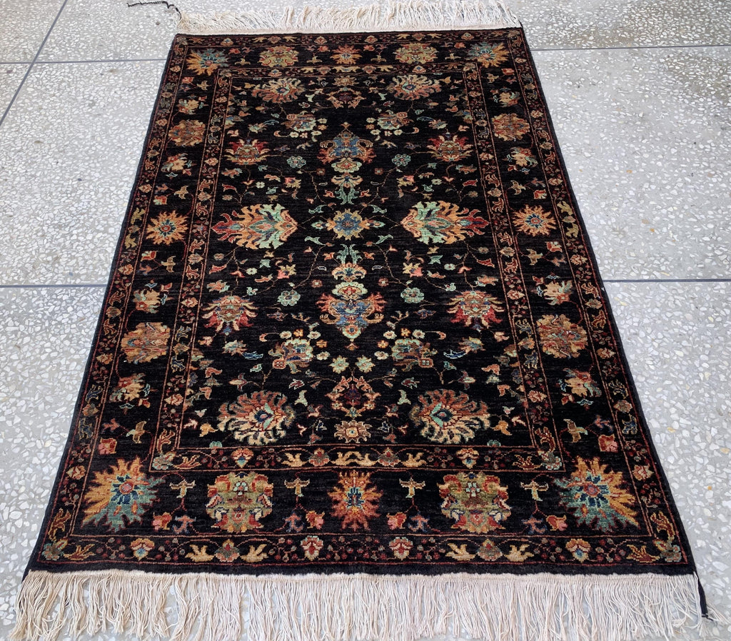 4x6ft, Afghan Chobi Rug – Hand-Knotted Black Floral Wool Area Rug–Vintage Style Oriental Carpet – Traditional Handmade Afghan Rug 187x123 cm