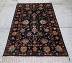 4x6ft, Afghan Chobi Rug – Hand-Knotted Black Floral Wool Area Rug–Vintage Style Oriental Carpet – Traditional Handmade Afghan Rug 187x123 cm