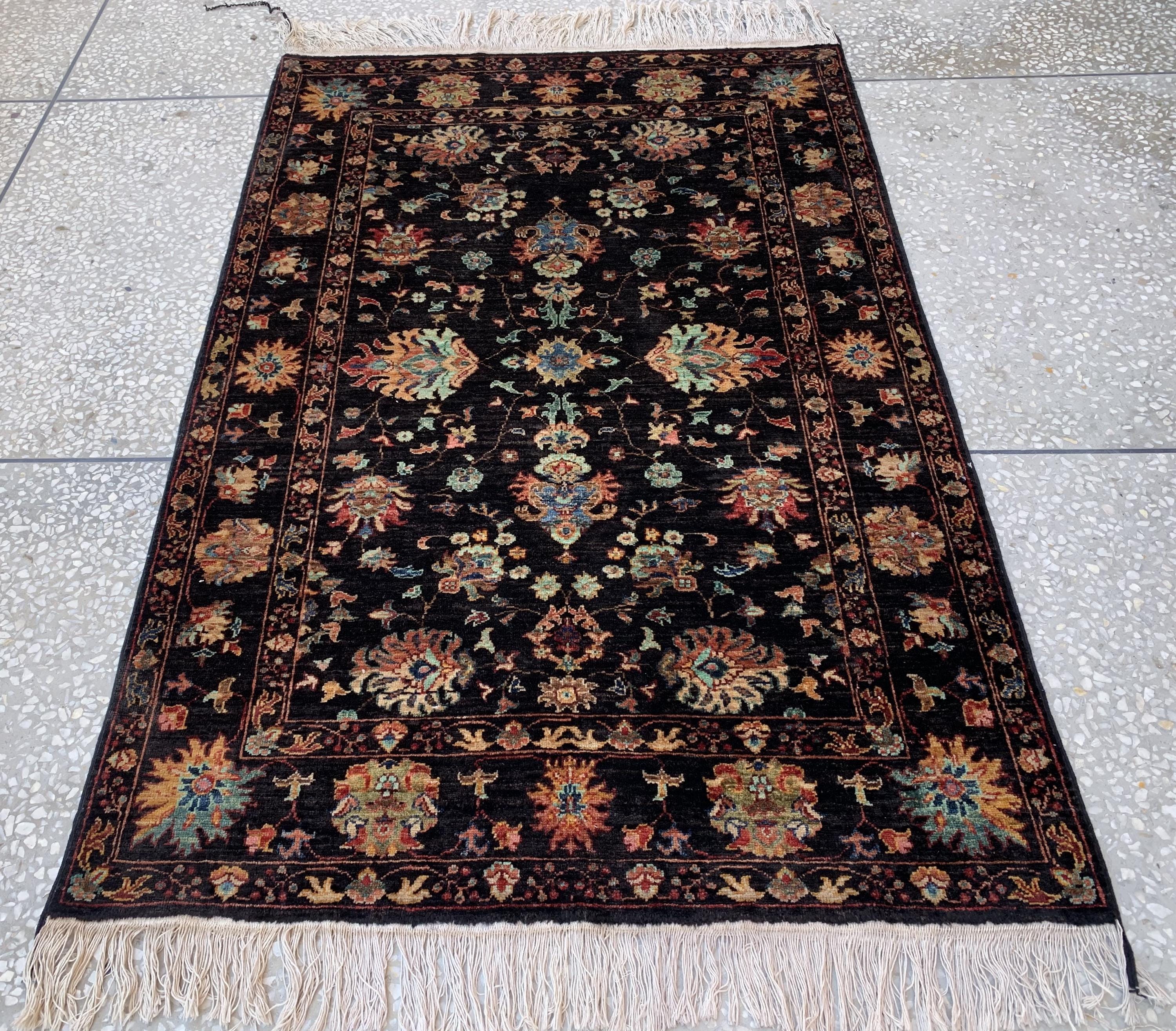 4x6ft, Afghan Chobi Rug – Hand-Knotted Black Floral Wool Area Rug–Vintage Style Oriental Carpet – Traditional Handmade Afghan Rug 187x123 cm