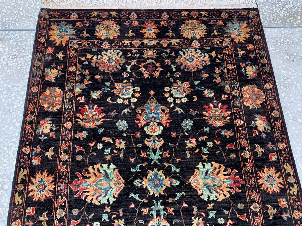 4x6ft, Afghan Chobi Rug – Hand-Knotted Black Floral Wool Area Rug–Vintage Style Oriental Carpet – Traditional Handmade Afghan Rug 187x123 cm