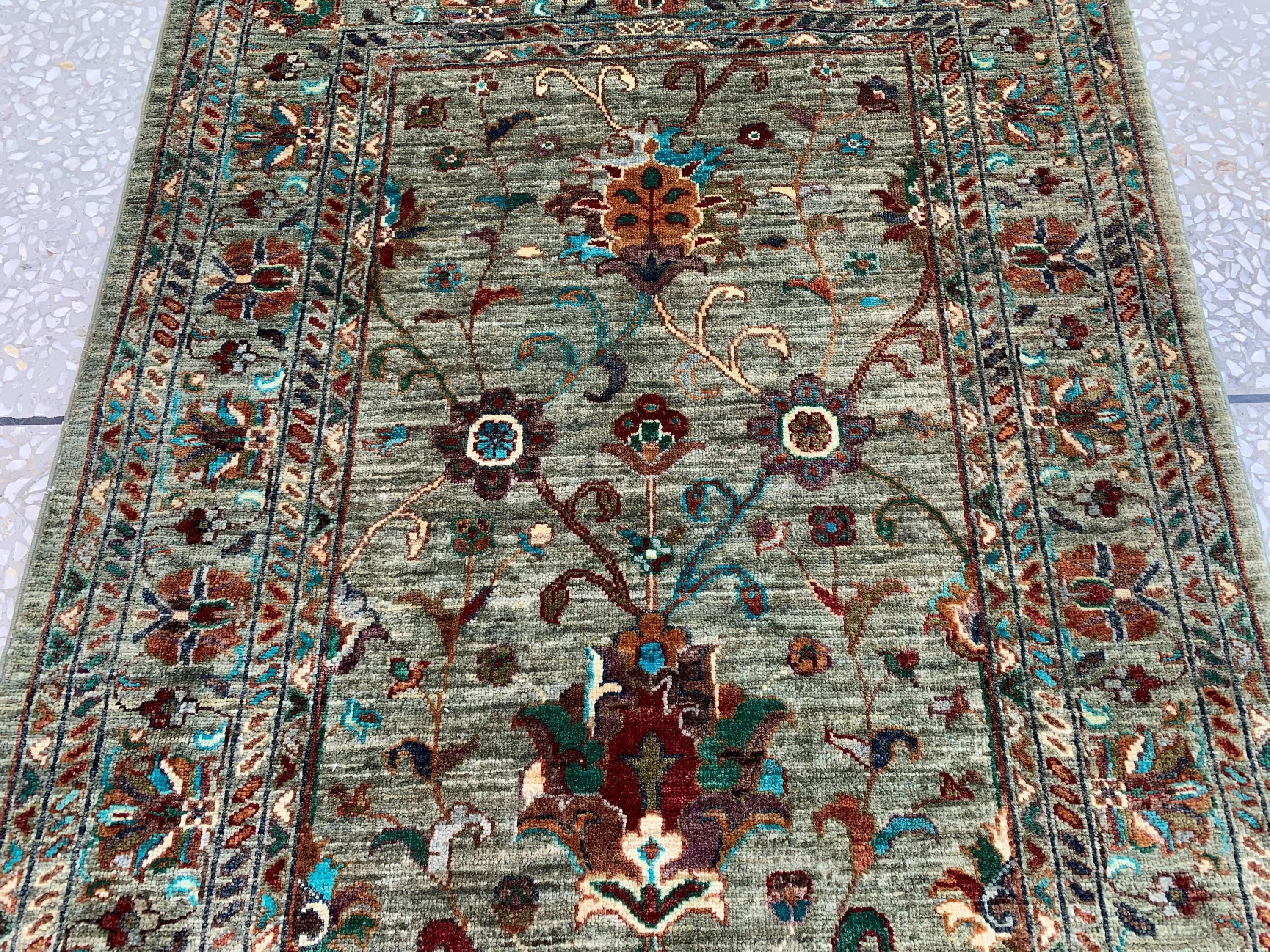 Afghan Chobi Rug 5.2x3.3 ft –Hand-Knotted Green Floral Wool Area Rug–Vintage Style Oriental Carpet–Traditional Handmade Afghan Rug 155x99 cm