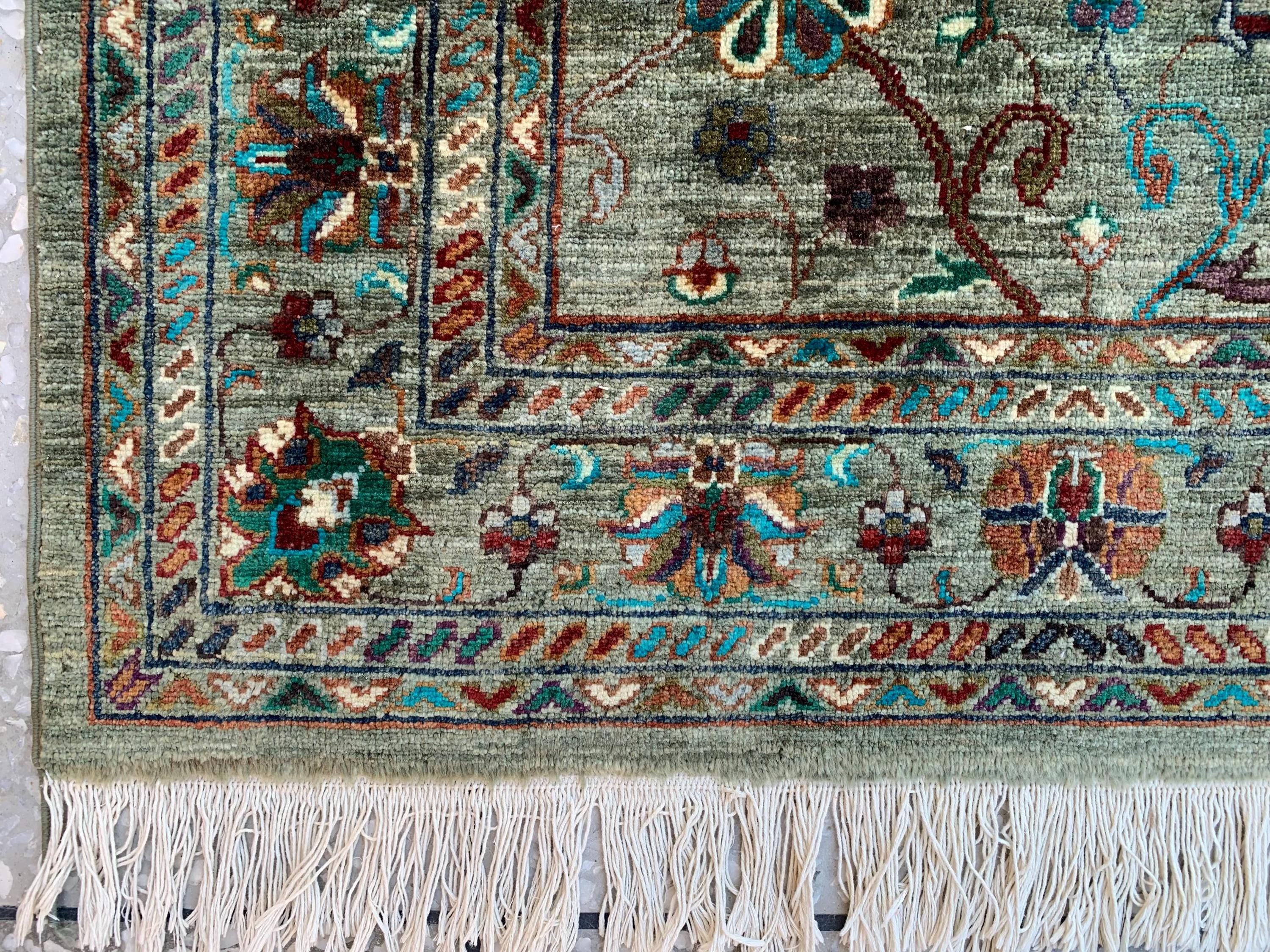 Afghan Chobi Rug 5.2x3.3 ft –Hand-Knotted Green Floral Wool Area Rug–Vintage Style Oriental Carpet–Traditional Handmade Afghan Rug 155x99 cm
