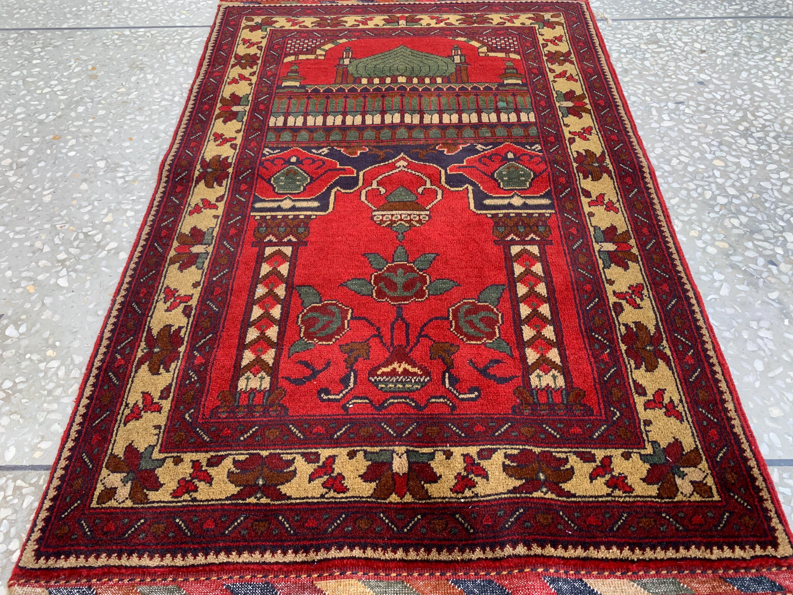 Handmade Turkmen Prayer Rug 4.3x2.8 ft – Small Wool Islamic Prayer Mat – Tribal Afghan Carpet – Muslim Namaz Rug – Vintage Style Decor