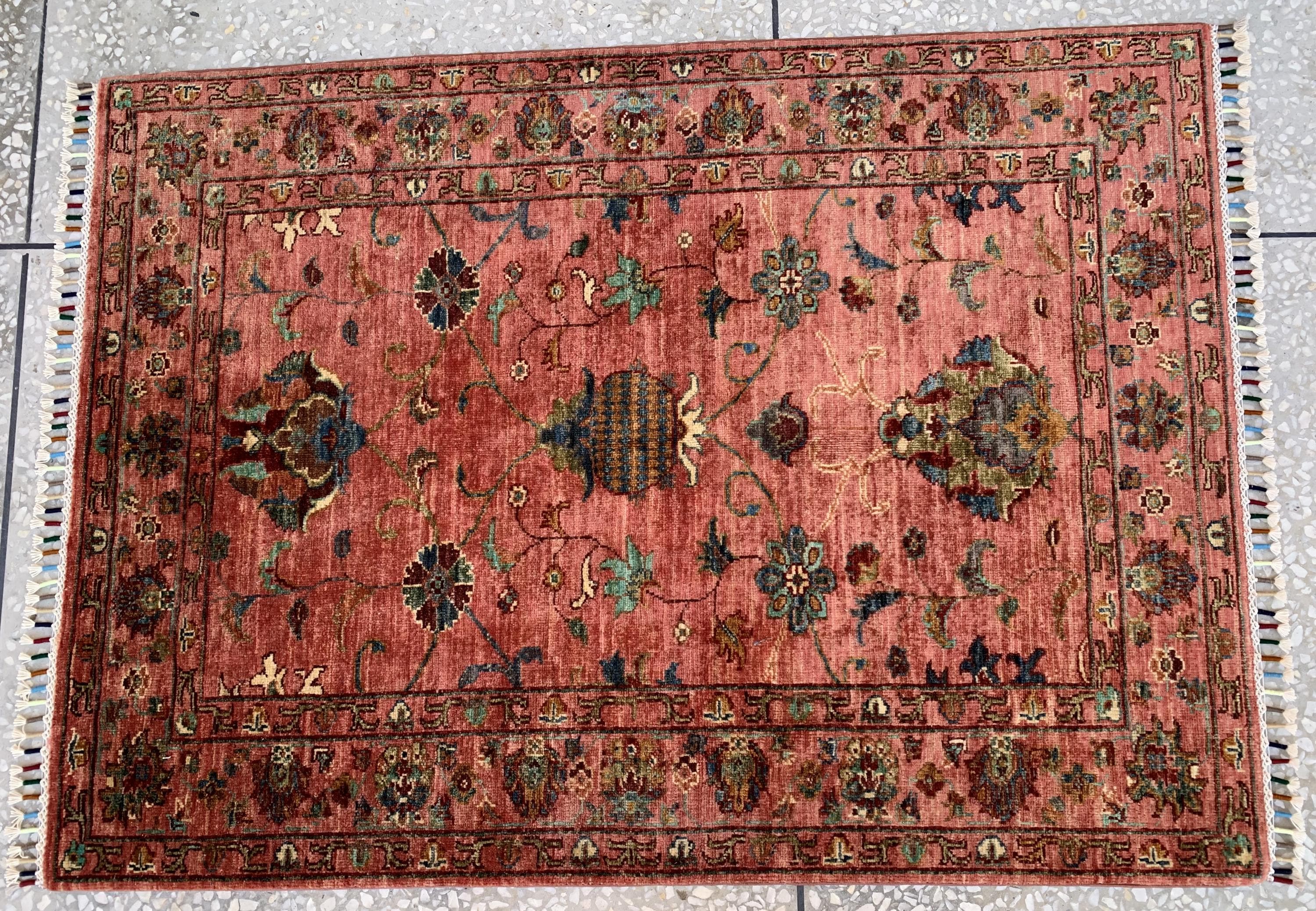 Afghan Chobi Rug 3.6x4.11 ft – Hand-Knotted Wool Terracotta Floral Area Rug – Oriental Accent Carpet –Traditional Handmade Afghan Rug, 3x5ft