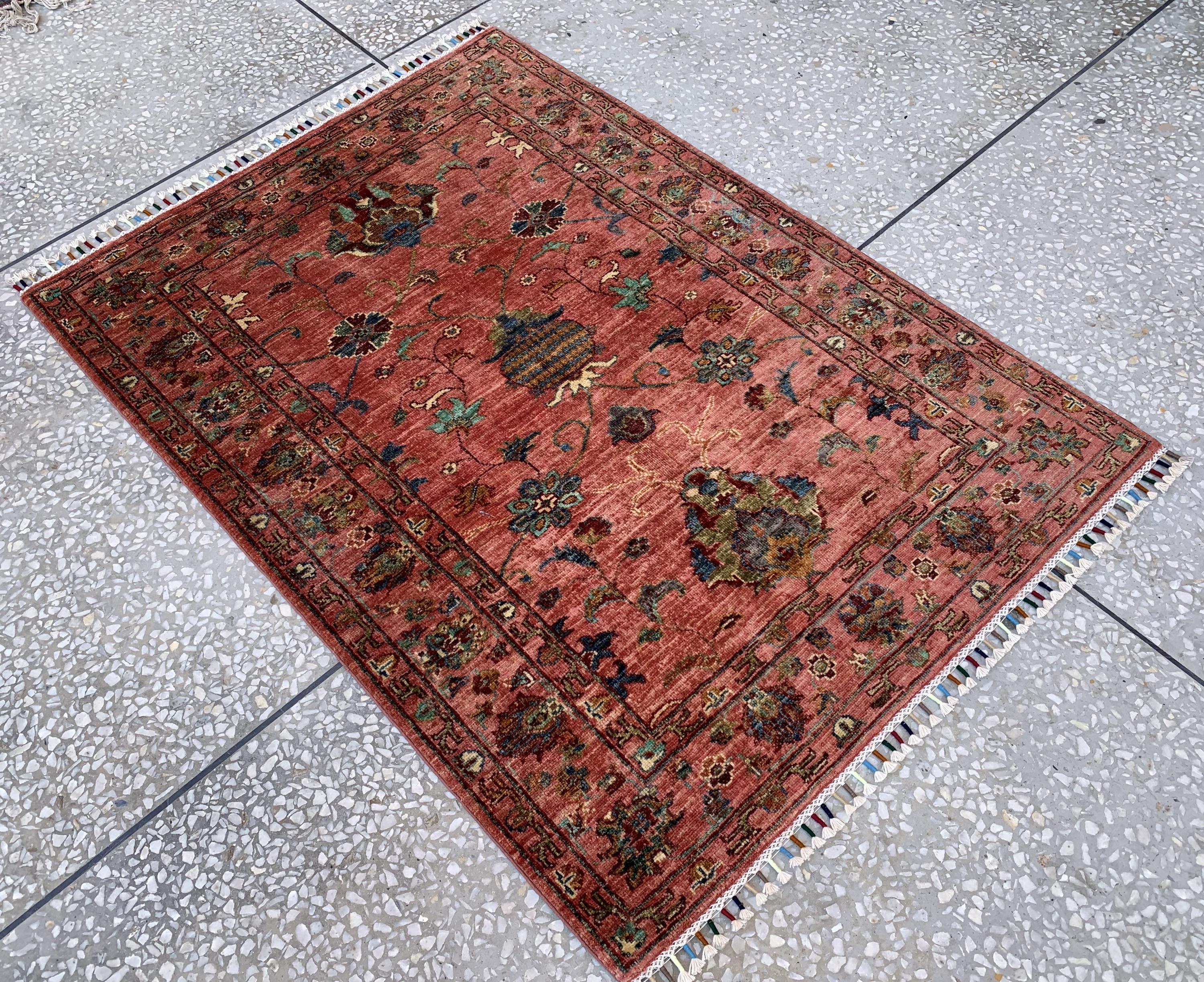 Afghan Chobi Rug 3.6x4.11 ft – Hand-Knotted Wool Terracotta Floral Area Rug – Oriental Accent Carpet –Traditional Handmade Afghan Rug, 3x5ft