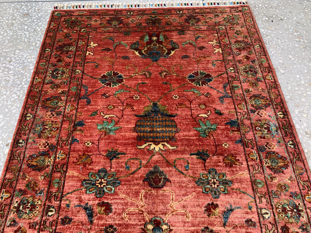 Afghan Chobi Rug 3.6x4.11 ft – Hand-Knotted Wool Terracotta Floral Area Rug – Oriental Accent Carpet –Traditional Handmade Afghan Rug, 3x5ft