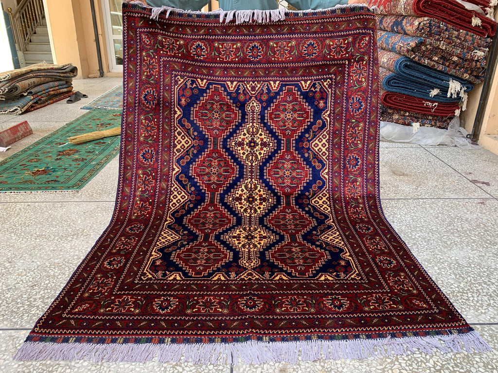 5x7ft, Handmade Afghan Tribal Rug–Navy Blue & Red Wool Area Rug –Geometric Oriental Carpet–Traditional Living Room or Office Decor 200x150cm