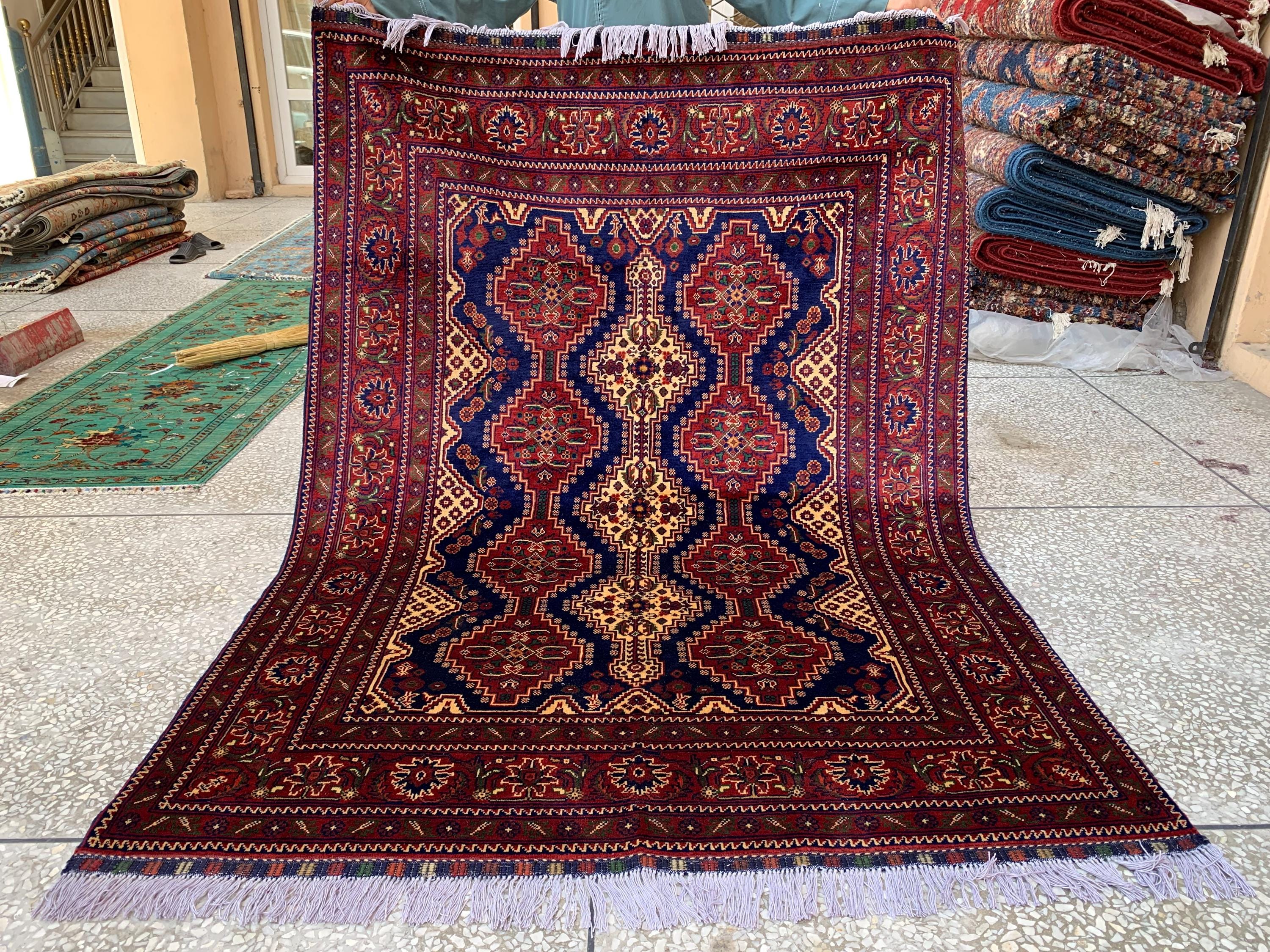 5x7ft, Handmade Afghan Tribal Rug–Navy Blue & Red Wool Area Rug –Geometric Oriental Carpet–Traditional Living Room or Office Decor 200x150cm