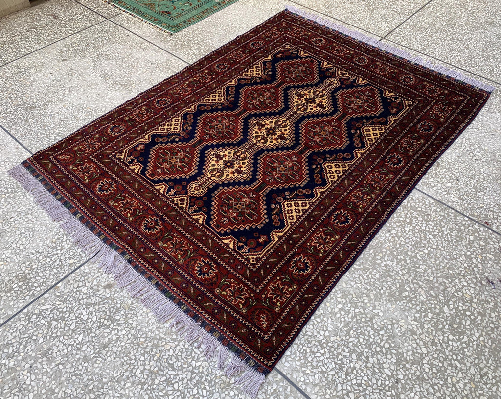 5x7ft, Handmade Afghan Tribal Rug–Navy Blue & Red Wool Area Rug –Geometric Oriental Carpet–Traditional Living Room or Office Decor 200x150cm