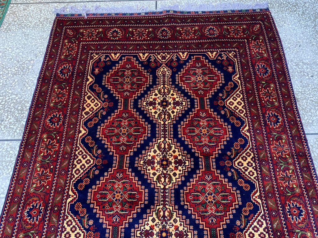 5x7ft, Handmade Afghan Tribal Rug–Navy Blue & Red Wool Area Rug –Geometric Oriental Carpet–Traditional Living Room or Office Decor 200x150cm