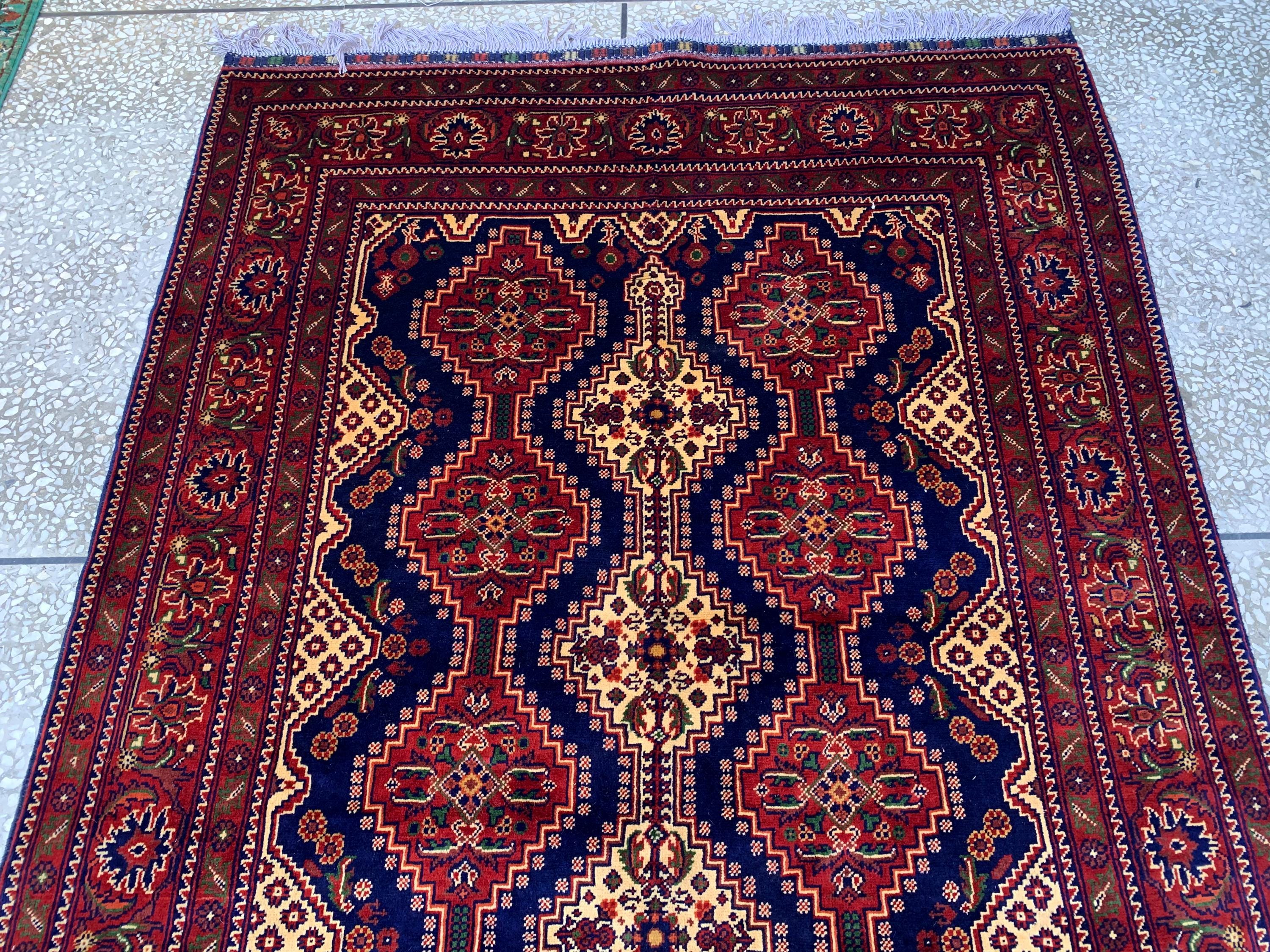 5x7ft, Handmade Afghan Tribal Rug–Navy Blue & Red Wool Area Rug –Geometric Oriental Carpet–Traditional Living Room or Office Decor 200x150cm